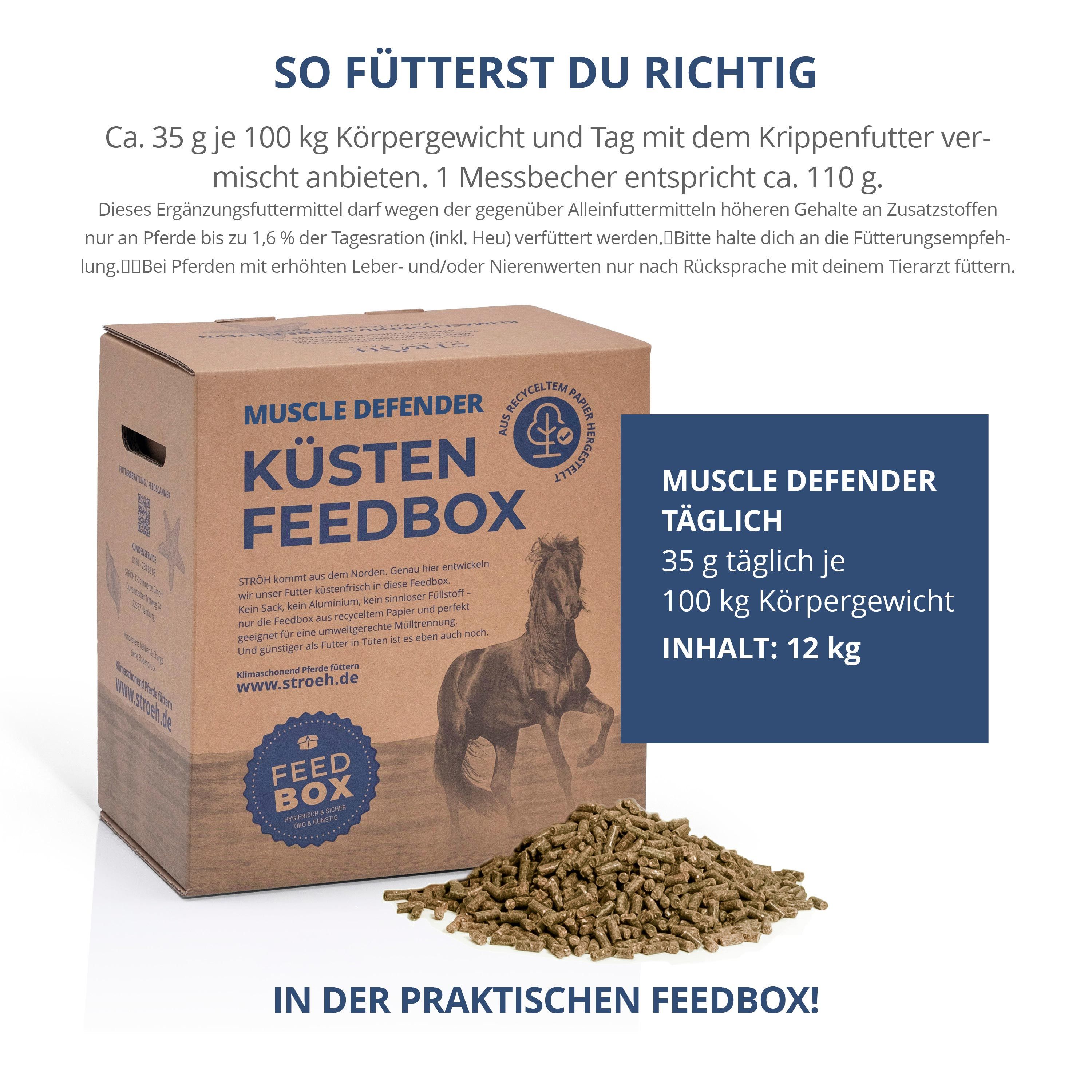 Karton "Muscle Defender Küsten Feedbox" mit Pellets. Text: So fütterst du richtig. Braune Verpackung, weißer Hintergrund.