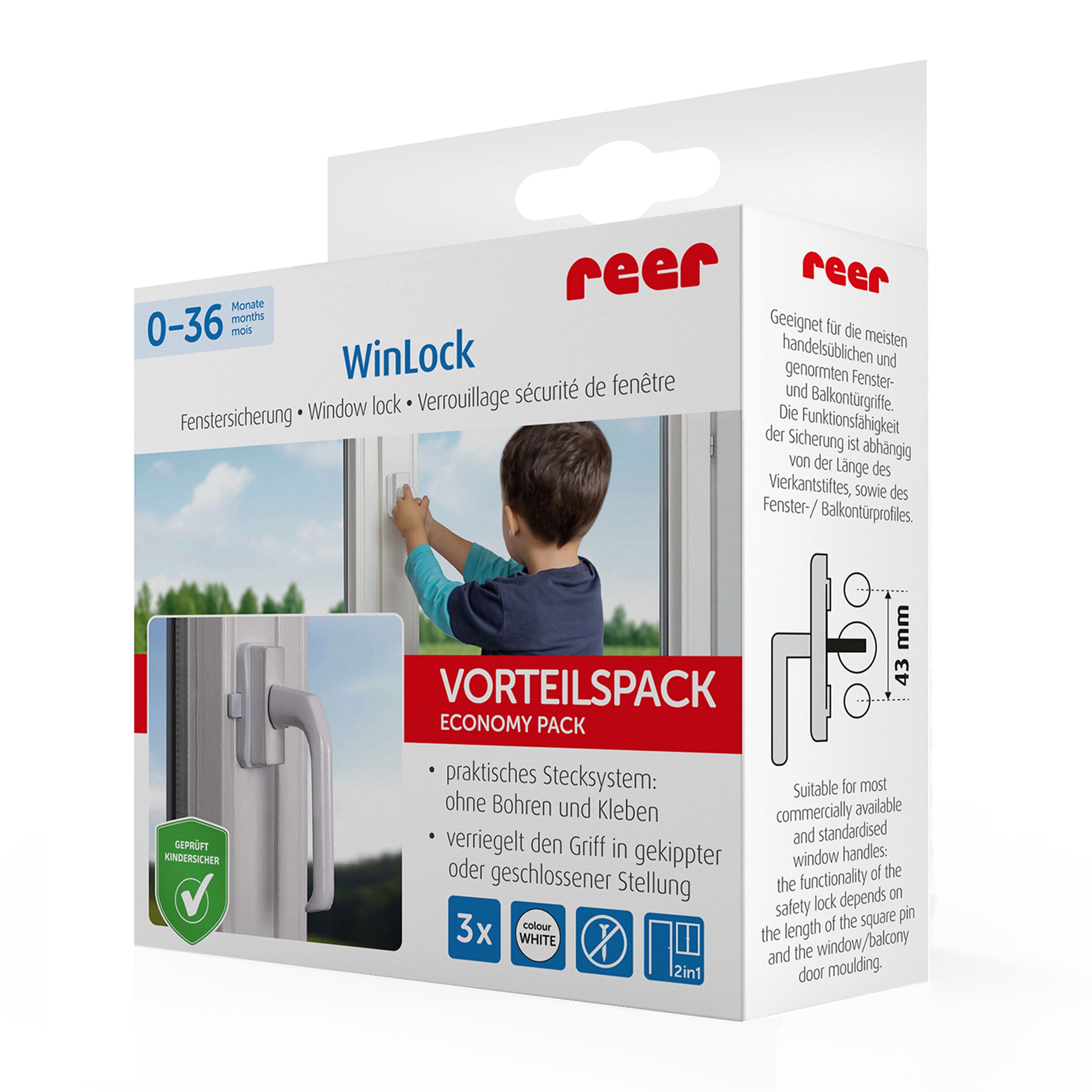 Verpackung: reer WinLock Fenstersicherung. Text: Vorteilspack, 3x, praktisches Stecksystem, kindersicher.