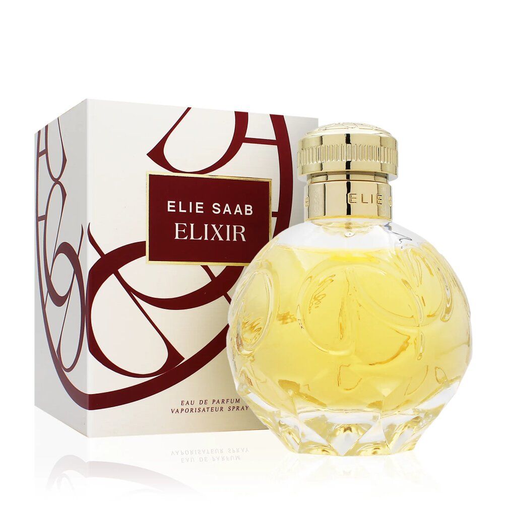 Elie Saab Elixir Eau de Parfum Flakon und Verpackung. Flakon rund, goldener Verschluss, klare Basis. Verpackung mit Logo.