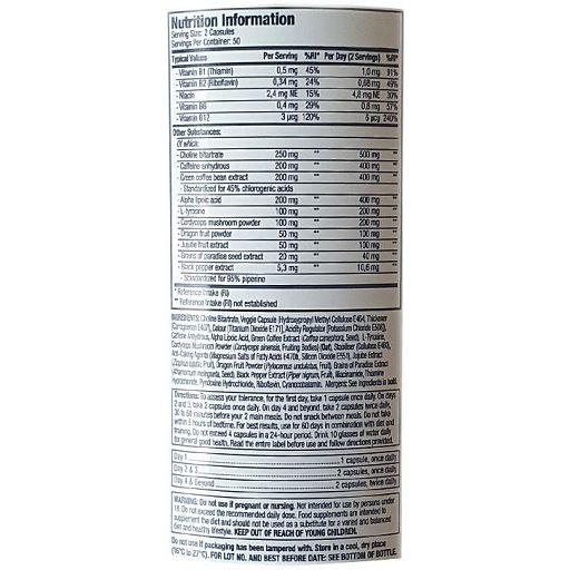 Nahaufnahme der Nährwertinformationen auf einer Dose. Enthält Informationen zu Vitaminen, Mineralien und Inhaltsstoffen.