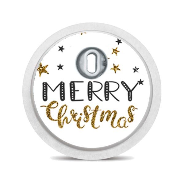 Runder Sticker mit 'X-MAS' Schriftzug und Sternen. Goldene Schrift. Weißer Rand.