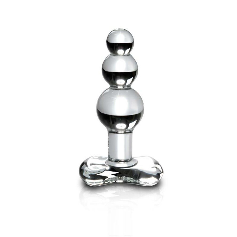 Glas-Plug mit drei Kugeln und einem breiten, tropfenförmigen Fuß. Transparentes Material, glatte Oberfläche.