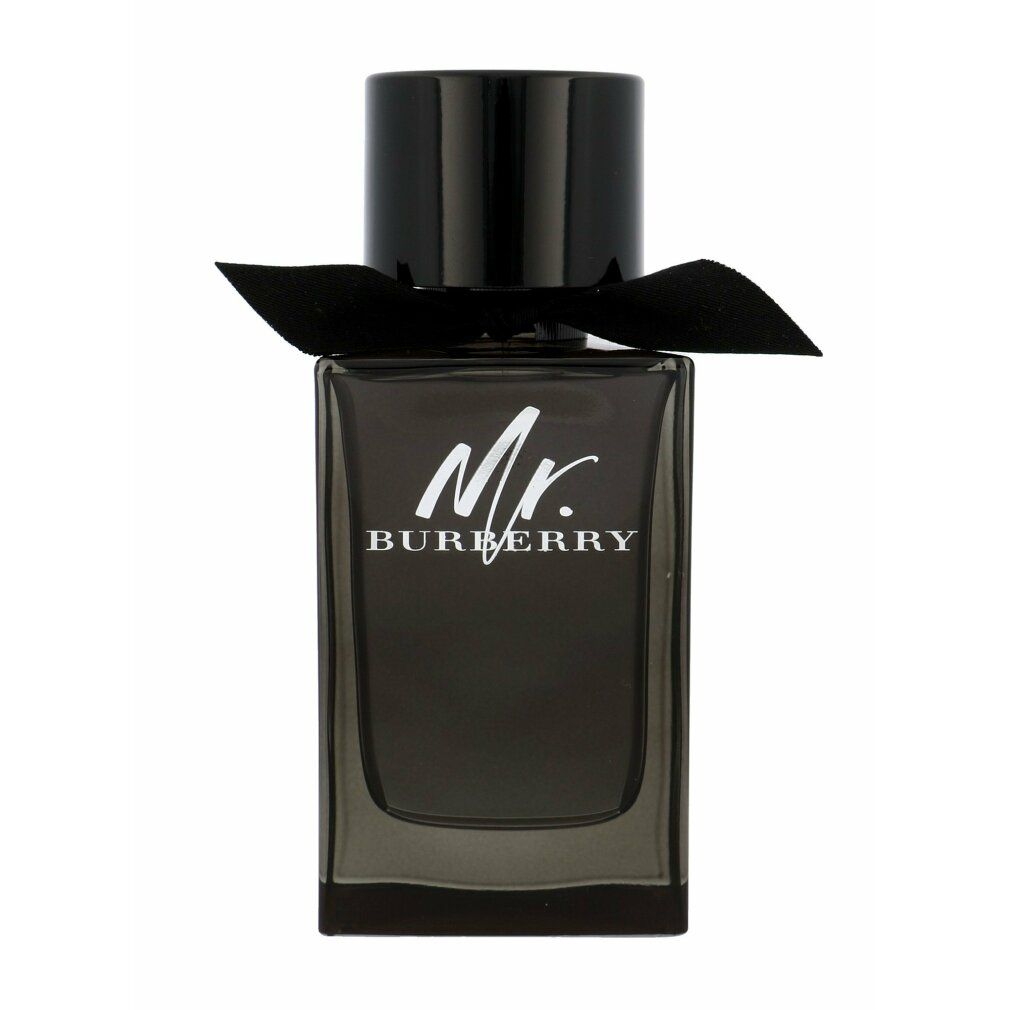 Dunkelgraue Flasche mit schwarzem Deckel und Schleife. Logo "Mr. BURBERRY".
