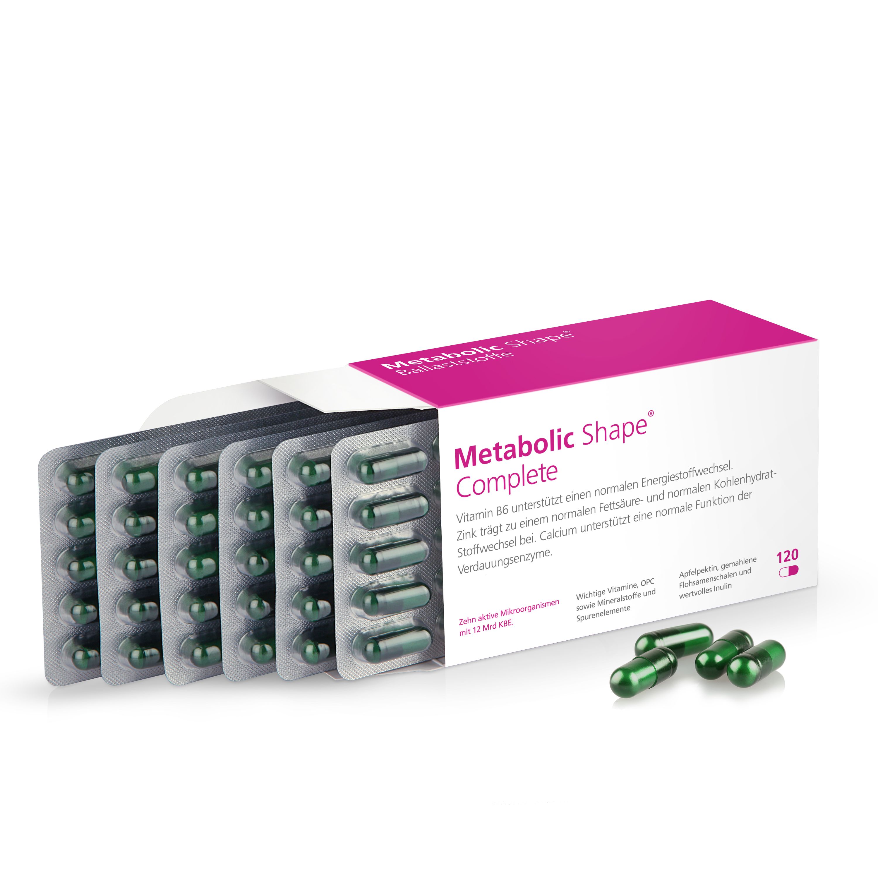 Geöffnete Schachtel mit Tablettenblistern und grünen Kapseln daneben. Aufschrift Metabolic Shape Complete.