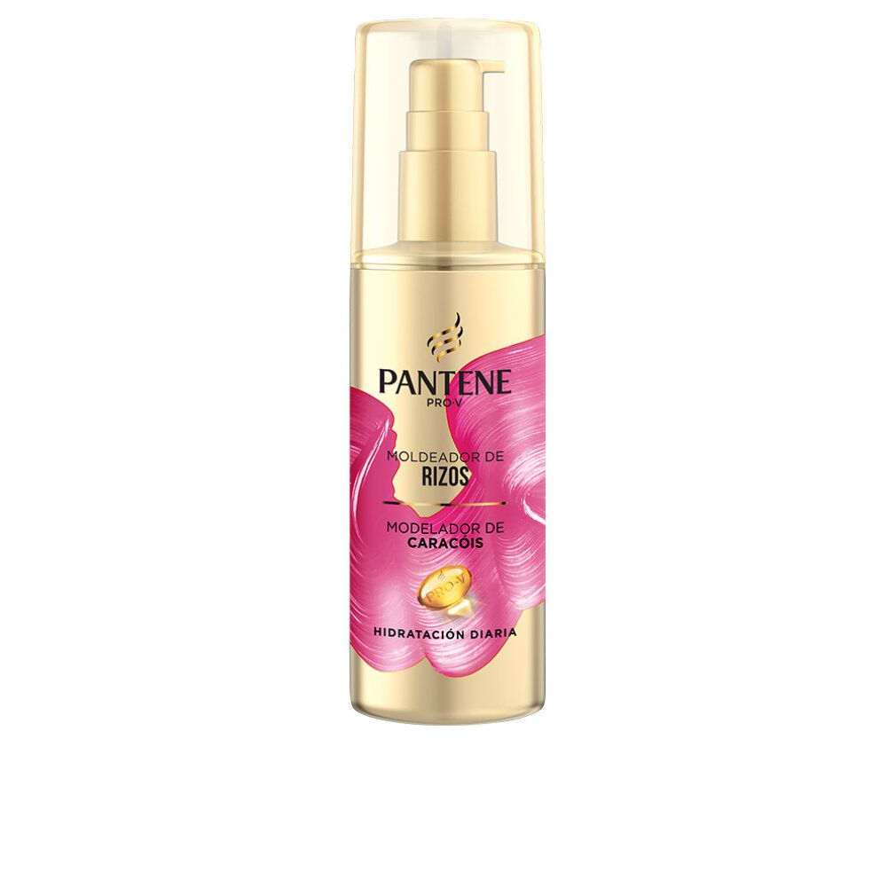 Goldfarbene Flasche mit Pumpverschluss. Aufschrift: Pantene Pro-V, Moldedor de Rizos, Modelador de Caracóis, Hidratación Diaria.