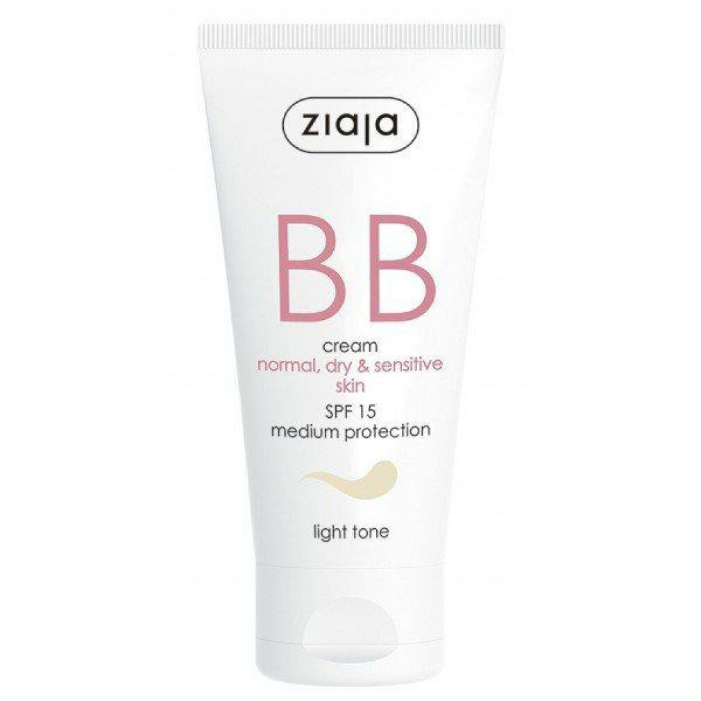 Weiße Tube mit rosa BB-Schriftzug, SPF 15 und Farbton-Angabe. Marke Ziaja oben. Für normale, trockene und empfindliche Haut.