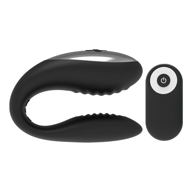 Schwarzer Paarvibrator mit Fernbedienung. Vibrator in U-Form, Fernbedienung mit Ein/Aus-Taste.