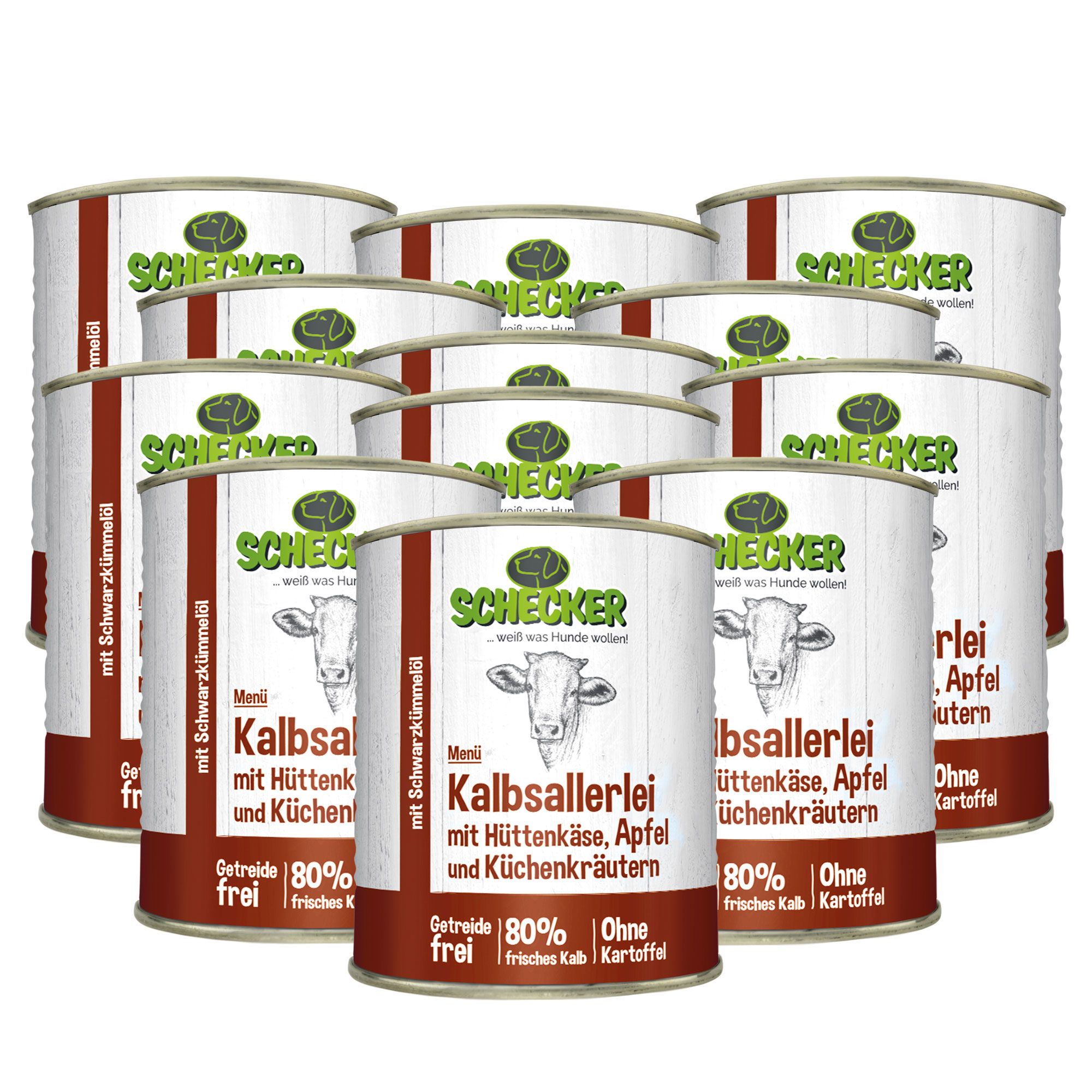 Schecker Hundemenü - 80% Kalb mit Hüttenkäse, Apfel und Schwarzkümmelöl - Nassfutter