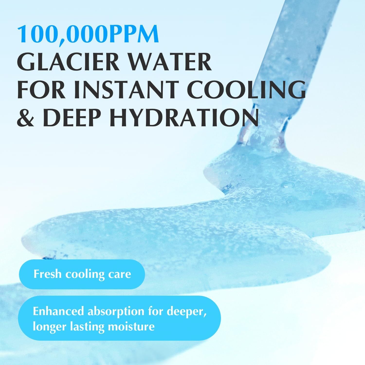 Flüssigkeit tropft von einer Eisoberfläche. 100.000 PPM Gletscherwasser für Kühlung und Hydration.