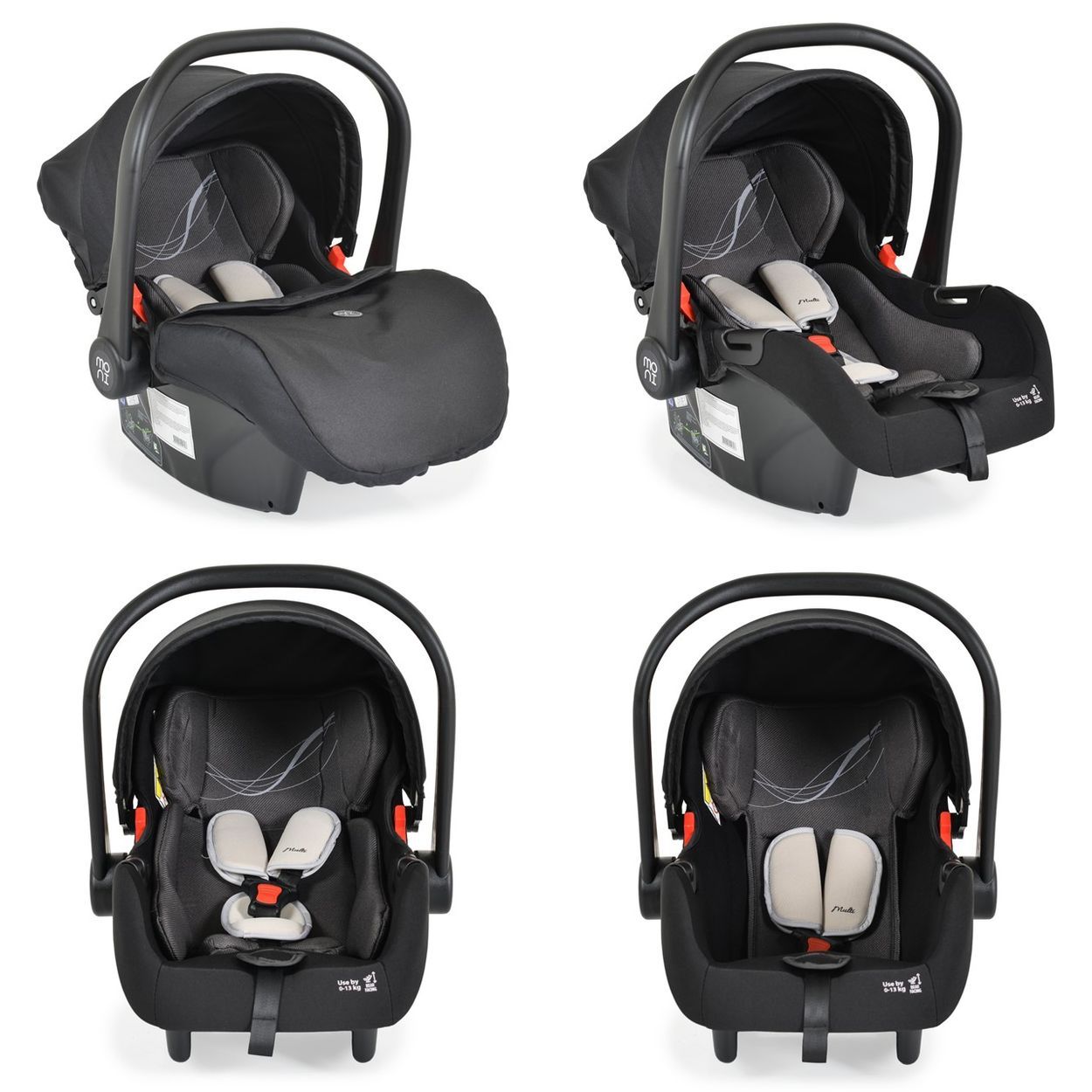 Baby-Autositz in vier Ansichten: Seiten-, Front- und Rückansicht, mit schwarzem Verdeck.