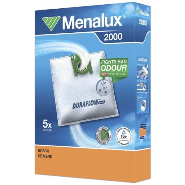 Menalux 2000 Staubsaugerbeutel-Packung. Enthält 5 Filterbeutel. Verpackung mit Produktnamen, Logo und Text. TÜV-Zertifizierung.