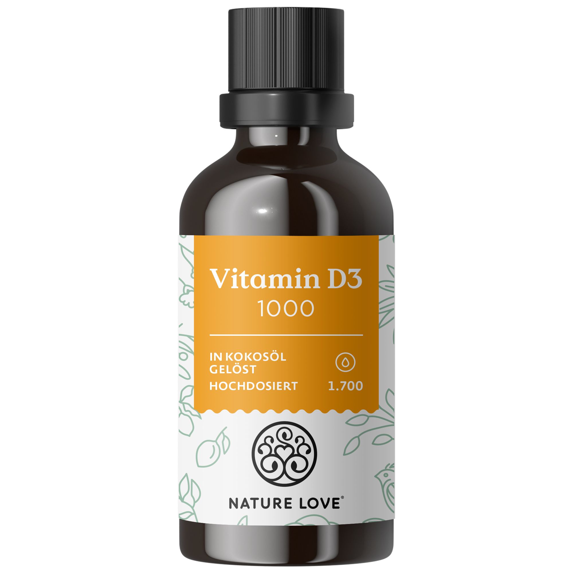 Braune Glasflasche mit Vitamin D3 1000. Orangefarbenes Etikett mit Produktinformationen und Logo von NATURE LOVE®.