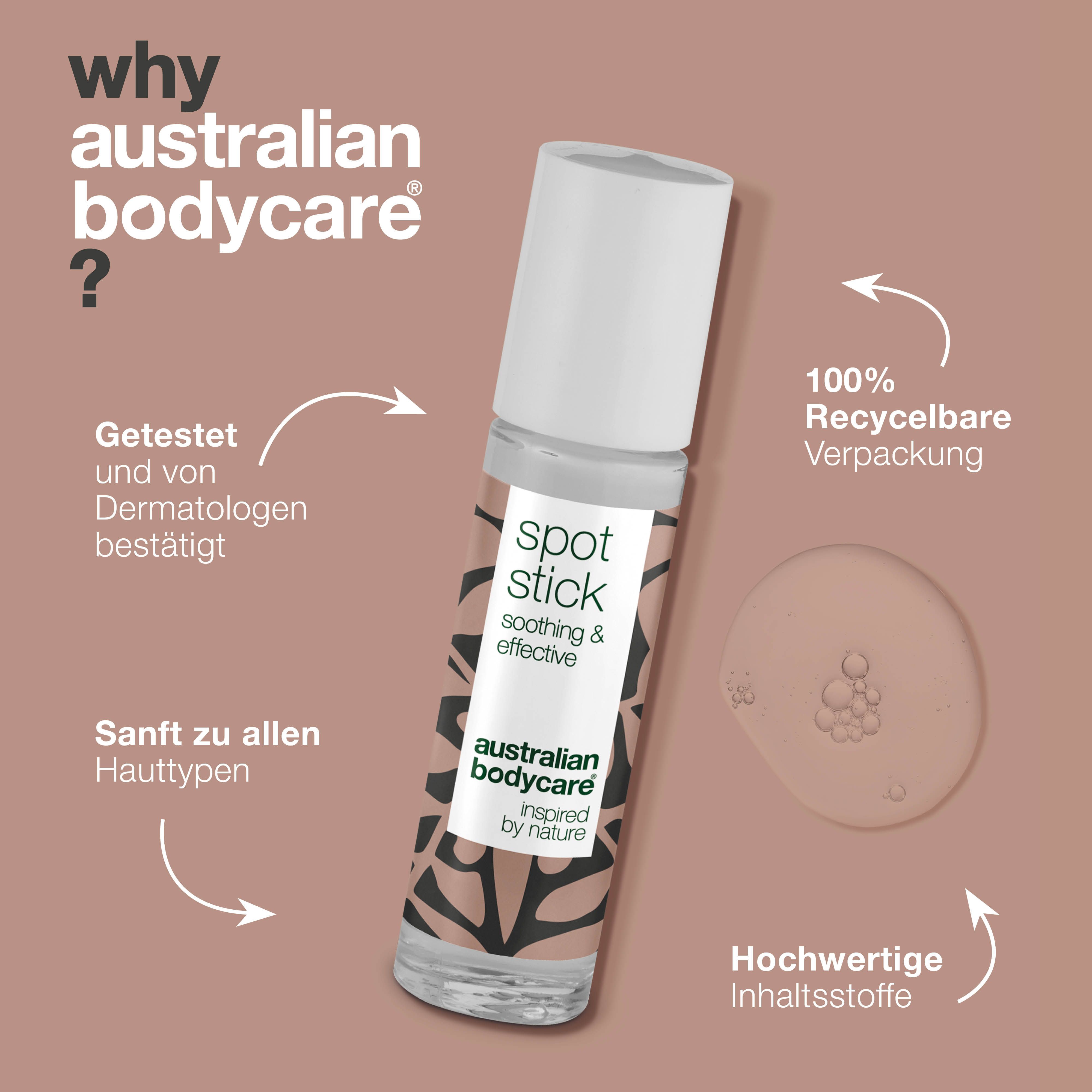Spot Stick mit Text. Aufschrift: Getestet von Dermatologen, 100% recycelbare Verpackung, Australian Bodycare.