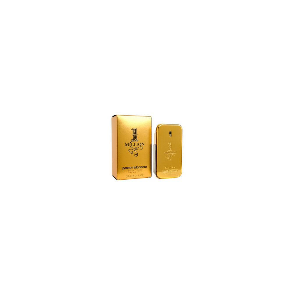 Goldfarbener Flakon und Verpackung "1 Million" von Paco Rabanne. Rechteckige Form.