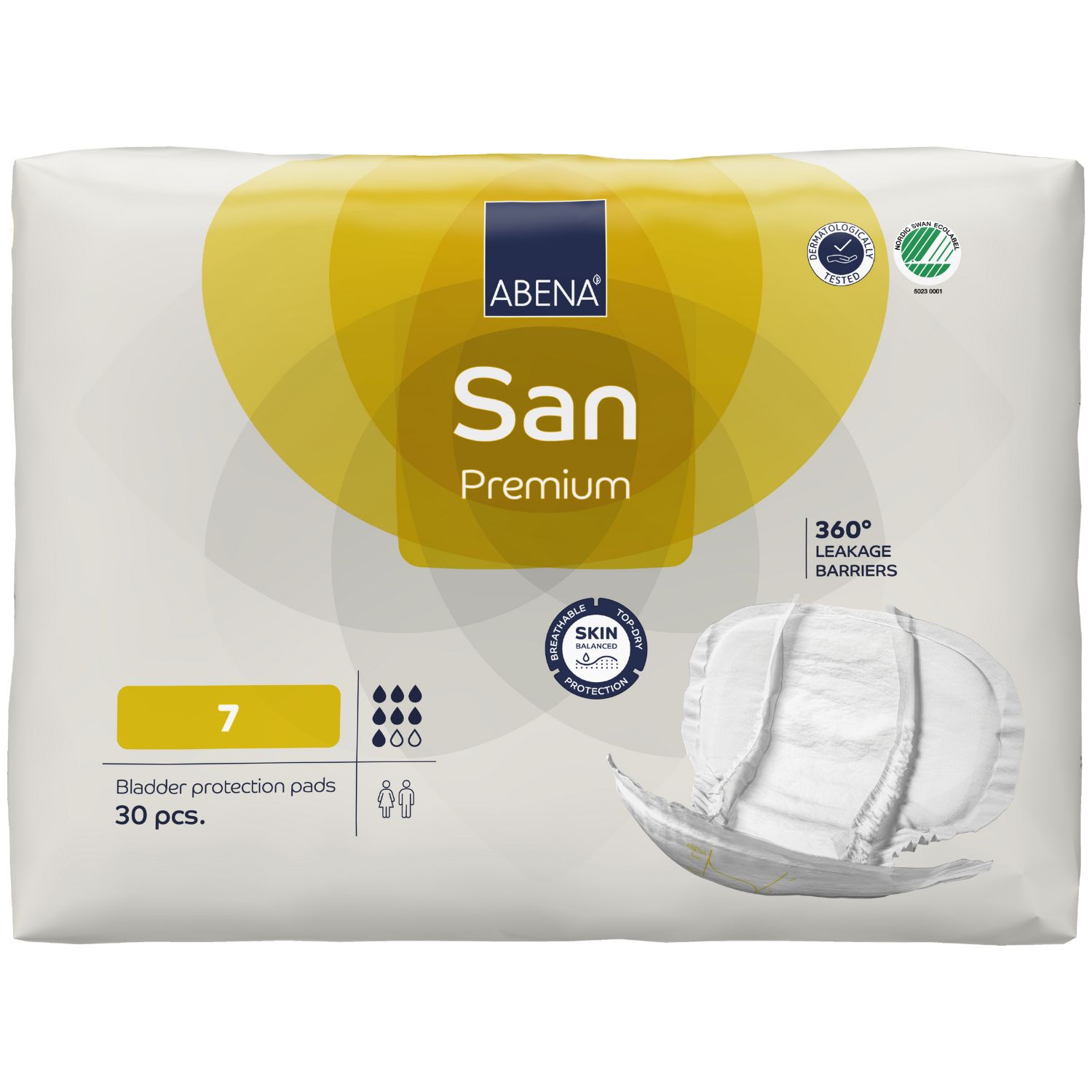 Verpackung ABENA San Premium Vorlagen. Enthält 30 Stück. Aufdrucke: ABENA, San, Premium, 7, Skin Protection, 360° Leakage Barriers.