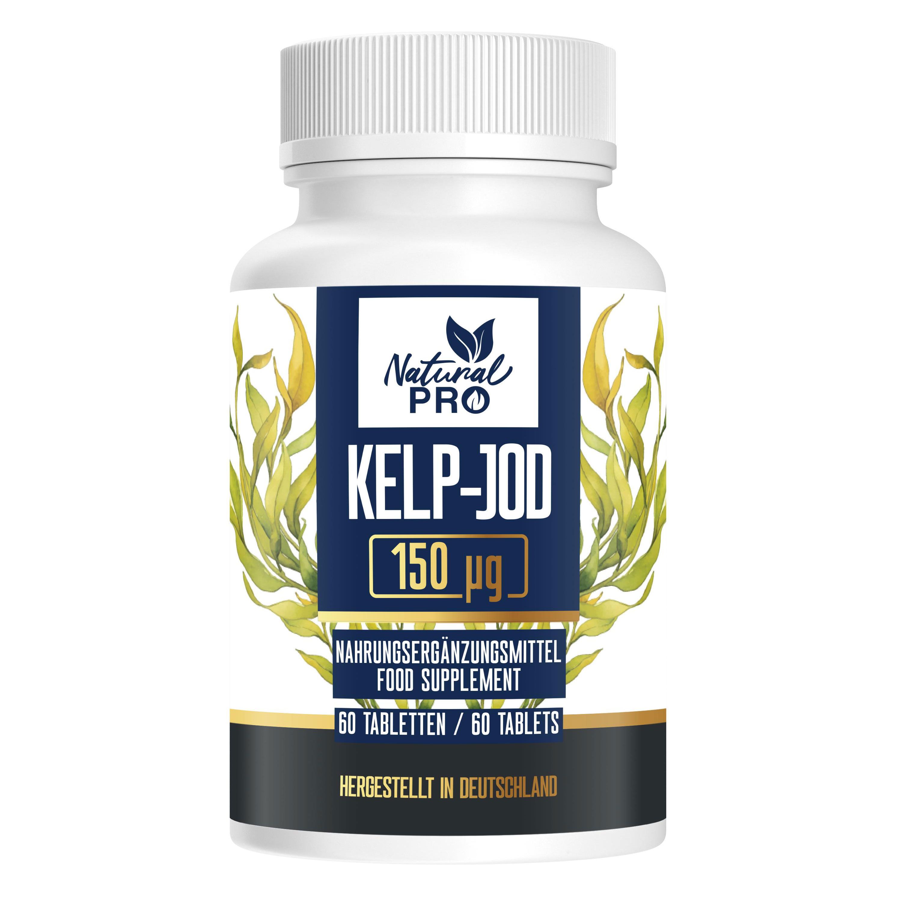 Weiße Flasche mit Etikett. Schriftzug: Natural Pro, KELP-JOD 150 µg. Nahrungsergänzungsmittel. 60 Tabletten. Hergestellt in Deutschland.