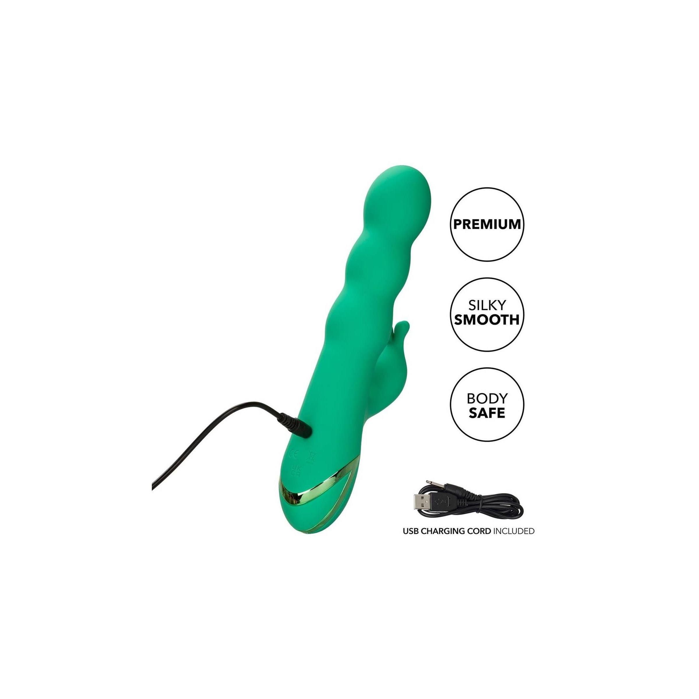 Grünes Wellness-Produkt mit USB-Ladekabel. Premium, seidig glatt, körperfreundlich.