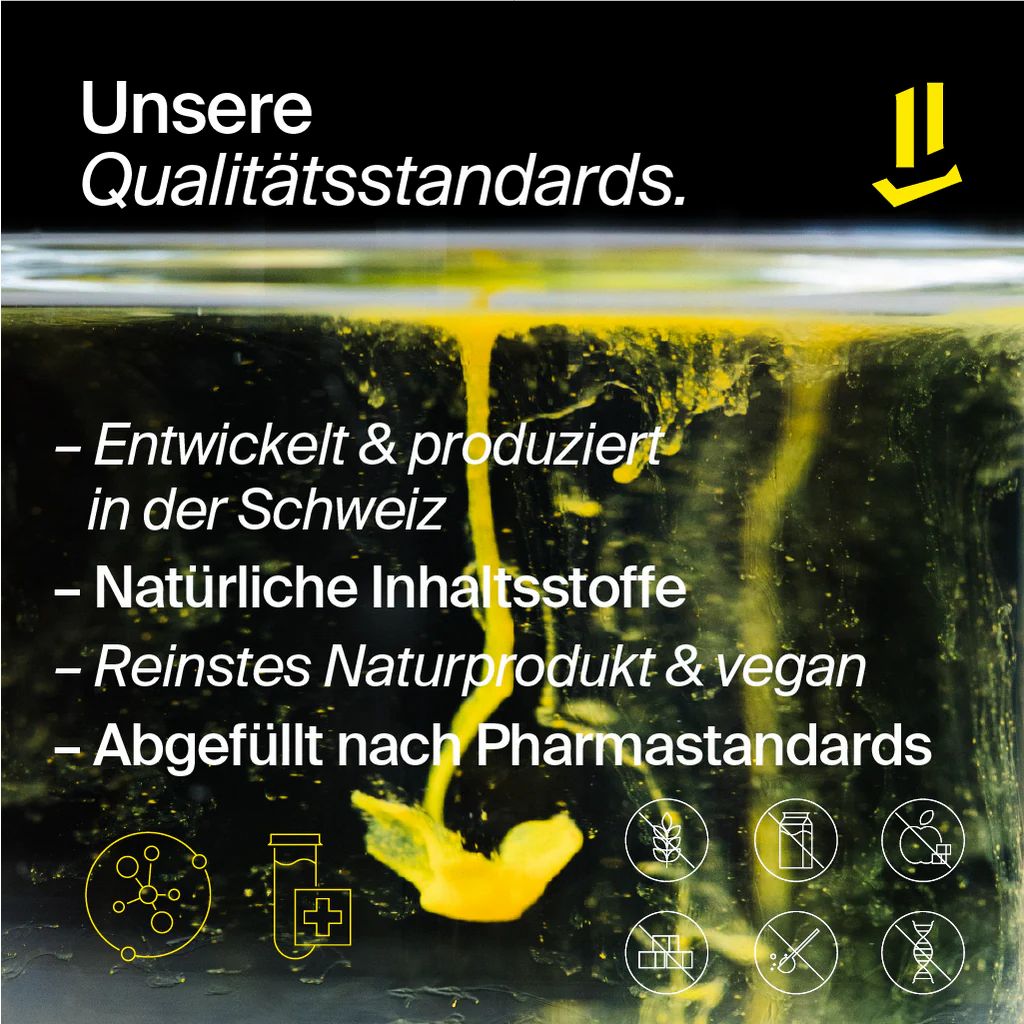 Gelbe Flüssigkeit in Wasser. Text: "Entwickelt & produziert in der Schweiz", "Natürliche Inhaltsstoffe", "Reinstes Naturprodukt & vegan".