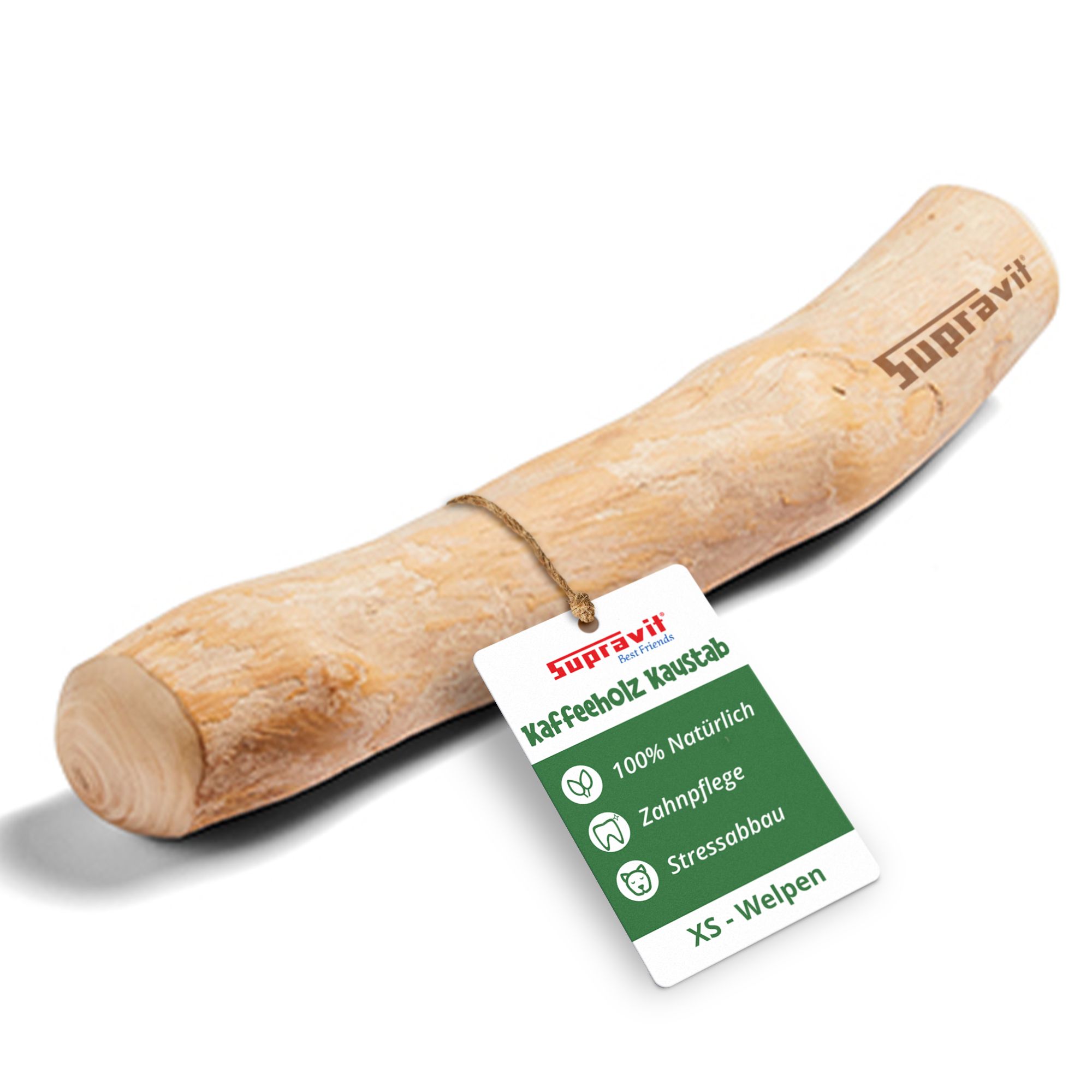 Kauknochen aus Kaffeeholz mit Anhänger. Aufschrift: Supravit, Kaffeeholz Kauknab, 100% natürlich, XS-Welpen, Zahnpflege, Stressabbau.