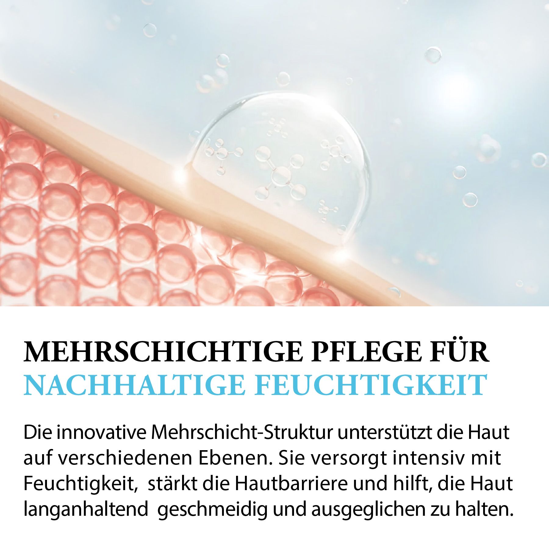 Abstrakte Darstellung der Haut mit einer Blase. Text in deutscher Sprache über mehrschichtige Pflege und Feuchtigkeit.