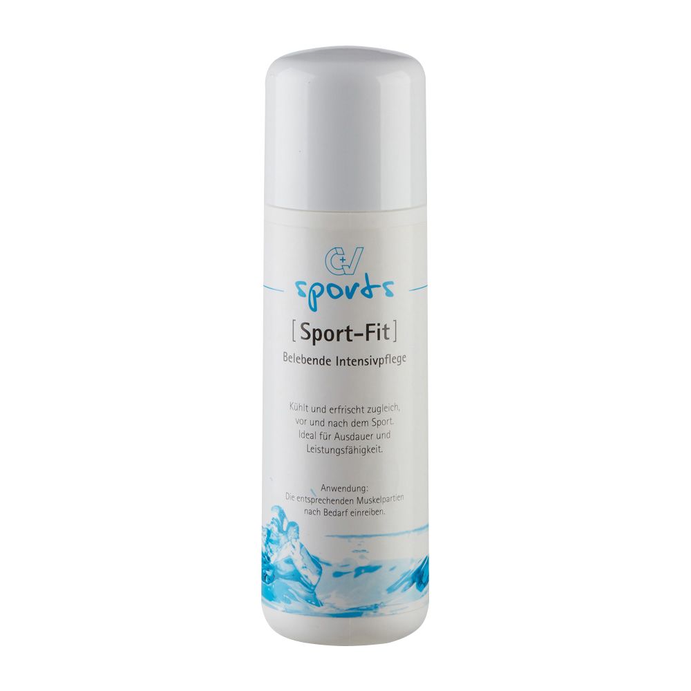 Weiße Flasche mit blauem Etikett für Sport-Fit Intensivpflege.