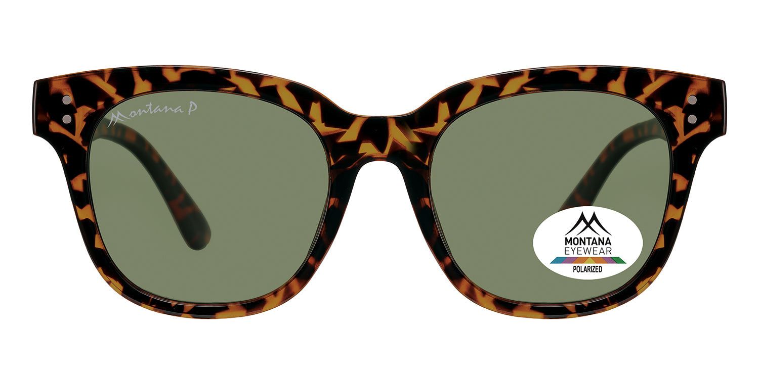Sonnenbrille mit braunem Schildpattmuster. Grüne Gläser. Montana Eyewear Logo und Polarized-Aufkleber.