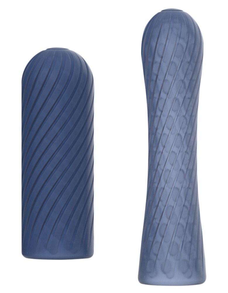 Zwei blaue Massagegeräte mit spiralförmiger Rillenstruktur.