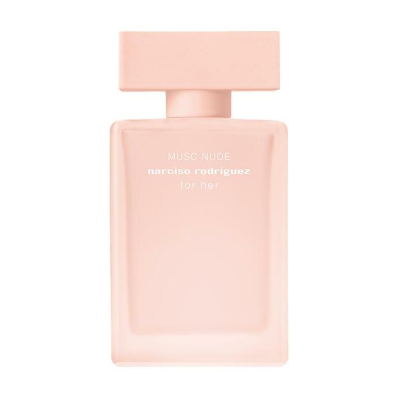 Rosa Flakon mit weißer Schrift: Musc Nude, Narciso Rodriguez, for her. Rechteckige Form mit quadratischem Deckel.