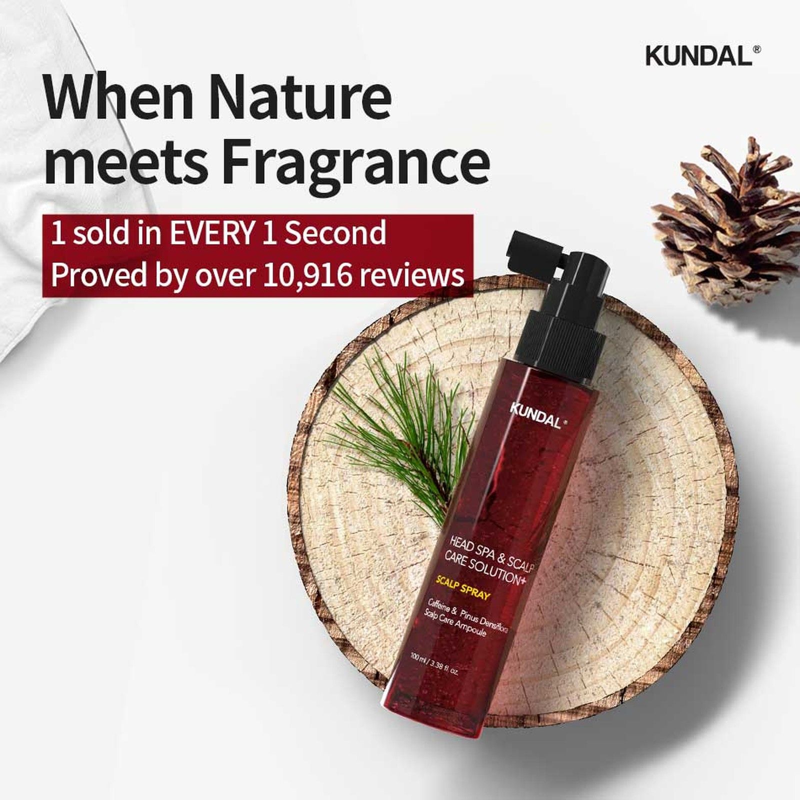 KUNDAL Head Spa Scalp Tonic auf einem Baumscheiben-Ständer mit Tannenzweigen.