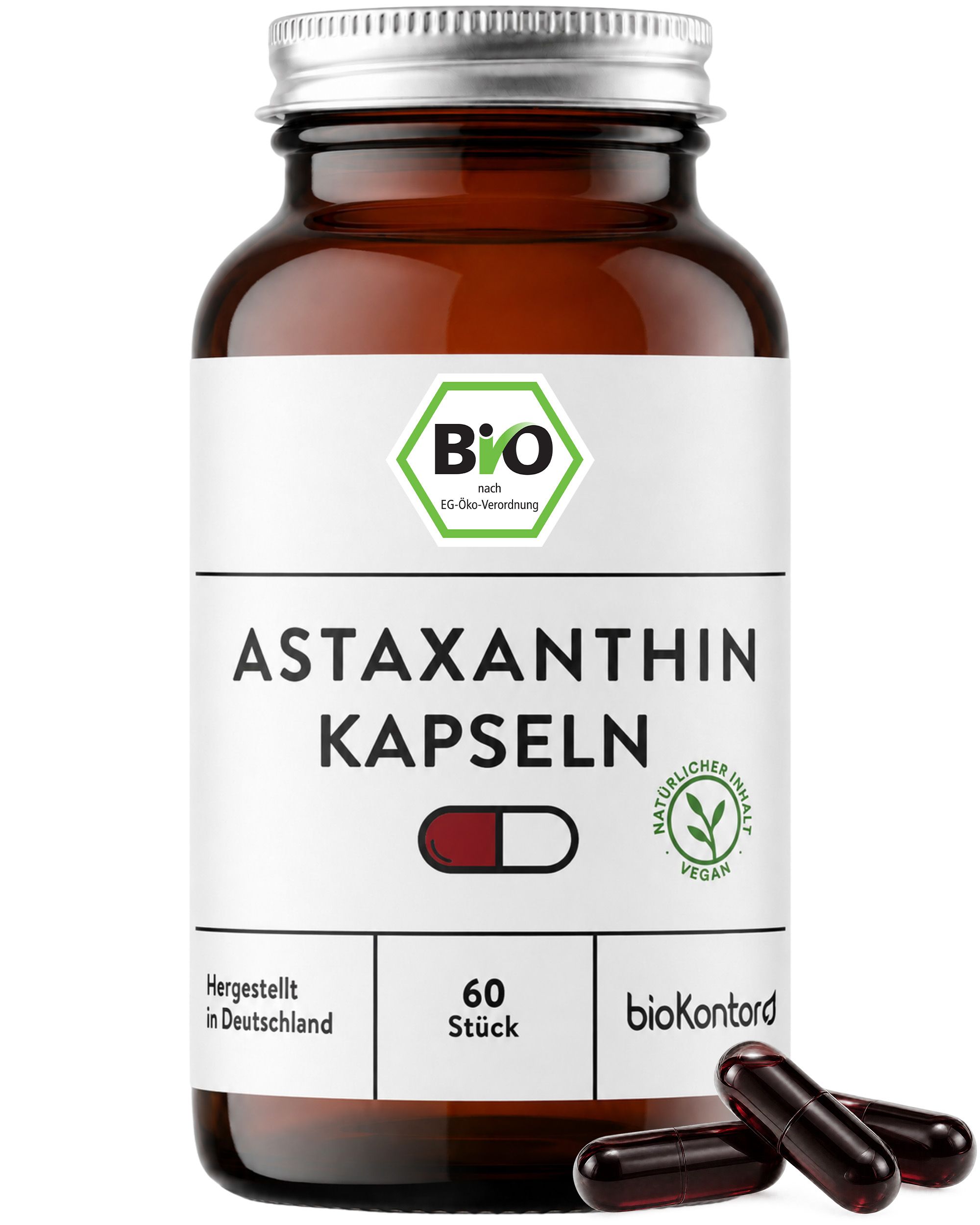 Flasche Astaxanthin-Kapseln, 60 Stück, Bio-Qualität, vegan.