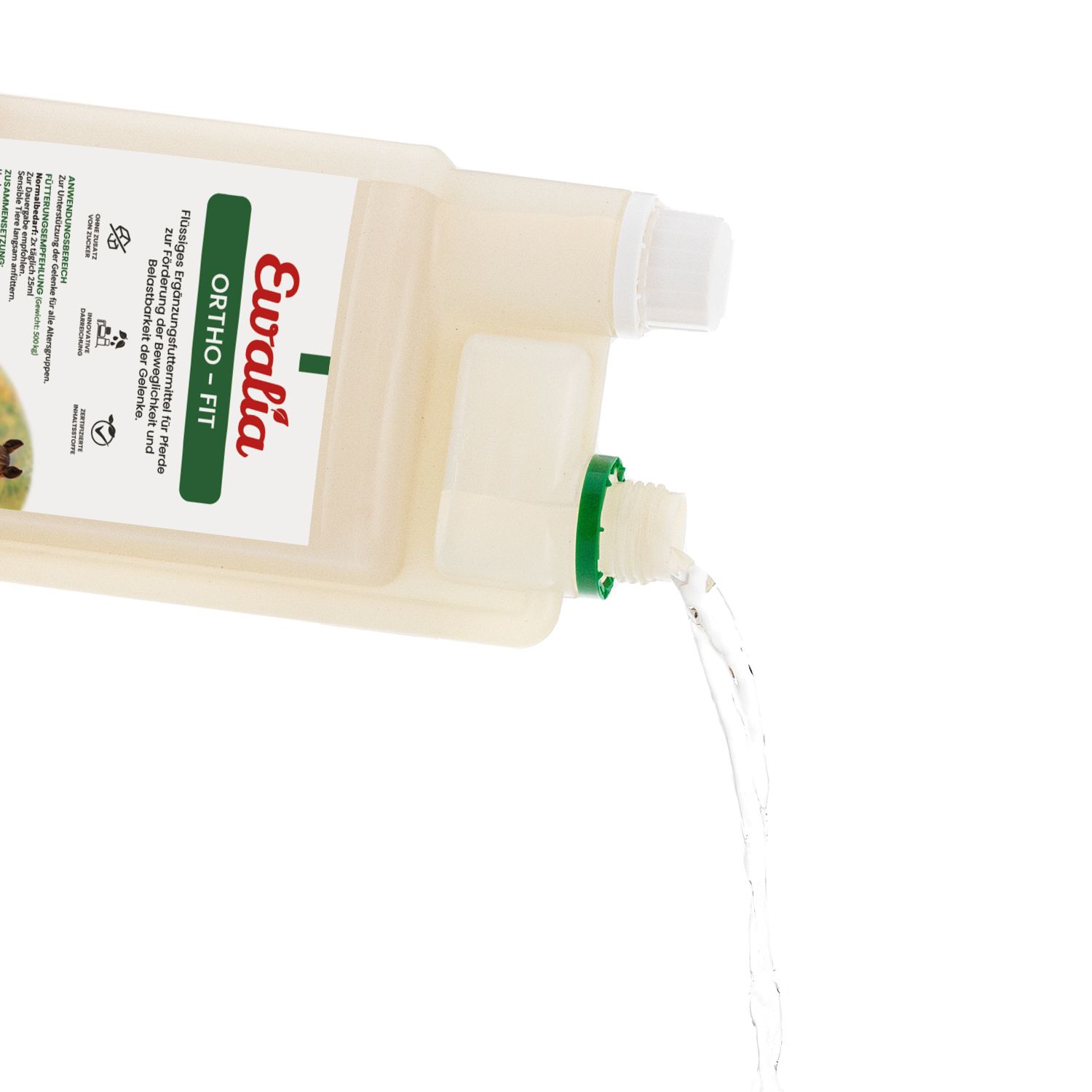 EWALIA Ortho-Fit Flasche, Flüssigkeit wird ausgegossen. Weißer Behälter mit grünem Deckel und Etikett.