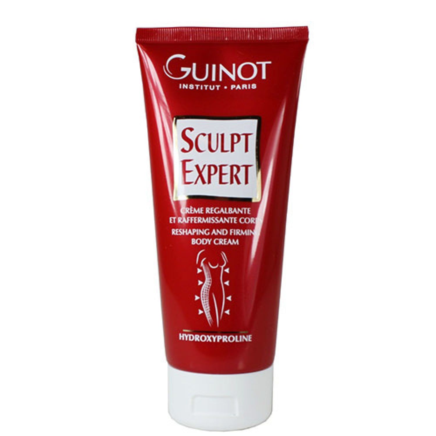 Rote Tube mit weißem Verschluss. Aufschrift: Guinot, Sculpt Expert, Body Cream. Abbildung einer Körpersilhouette.
