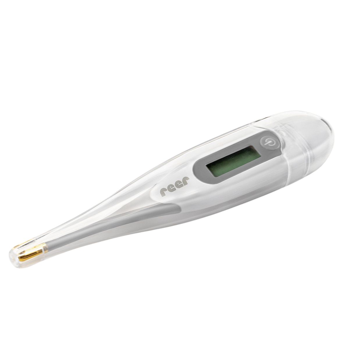 Digitales Fieberthermometer mit Schutzhülle. Weißes Gehäuse, grauer Griff, Display, goldene Spitze. Marke: reer.