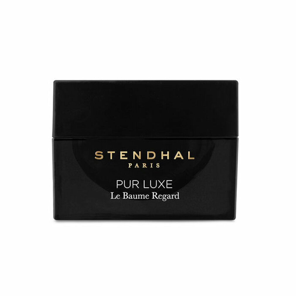 Schwarzer Tiegel mit goldfarbenem Schriftzug. Aufschrift: STENDHAL PARIS, PUR LUXE Le Baume Regard.