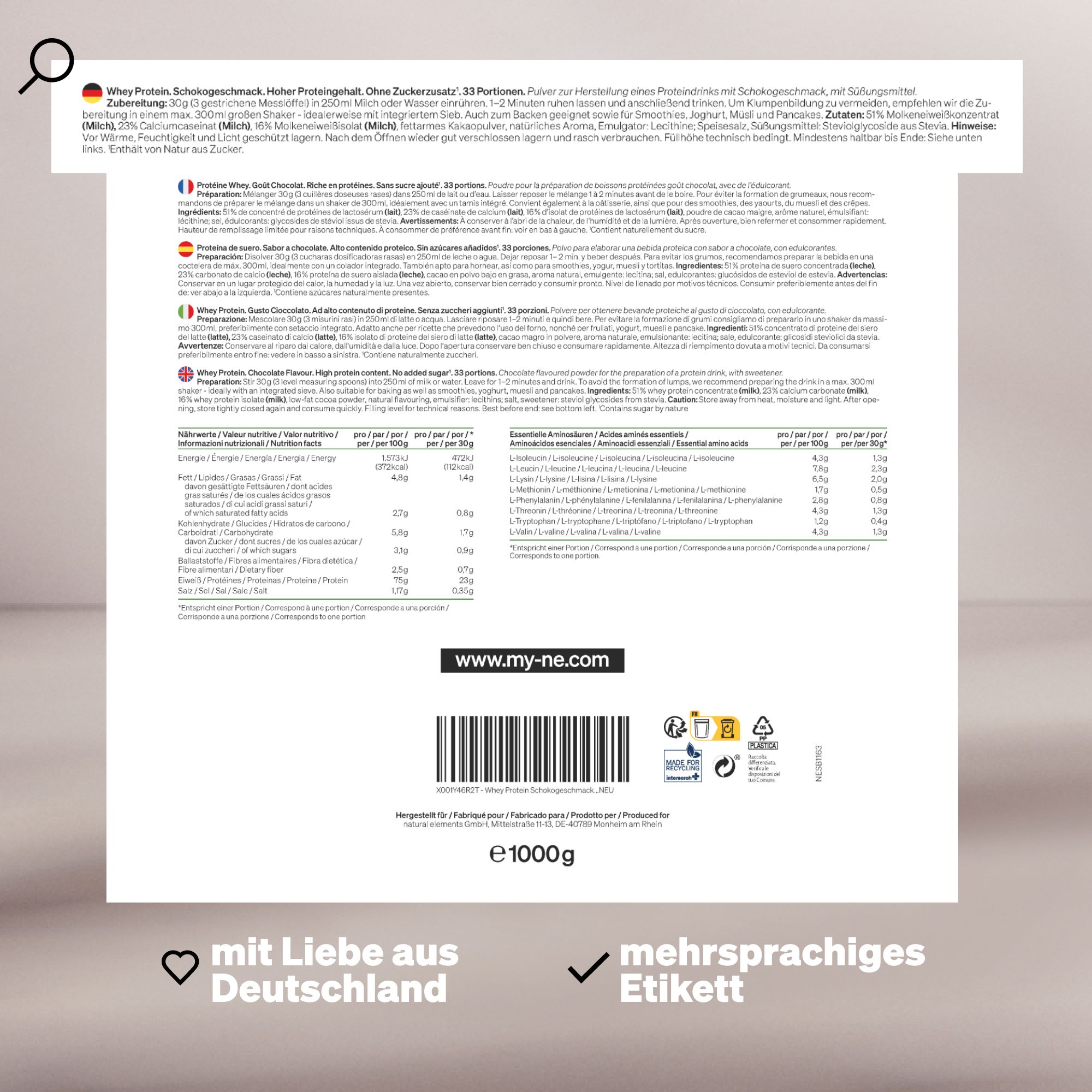 Rückseite der Whey Protein Verpackung. Enthält Nährwertangaben, Zutatenliste und Informationen zur Zubereitung. Mit Barcode und Logo.
