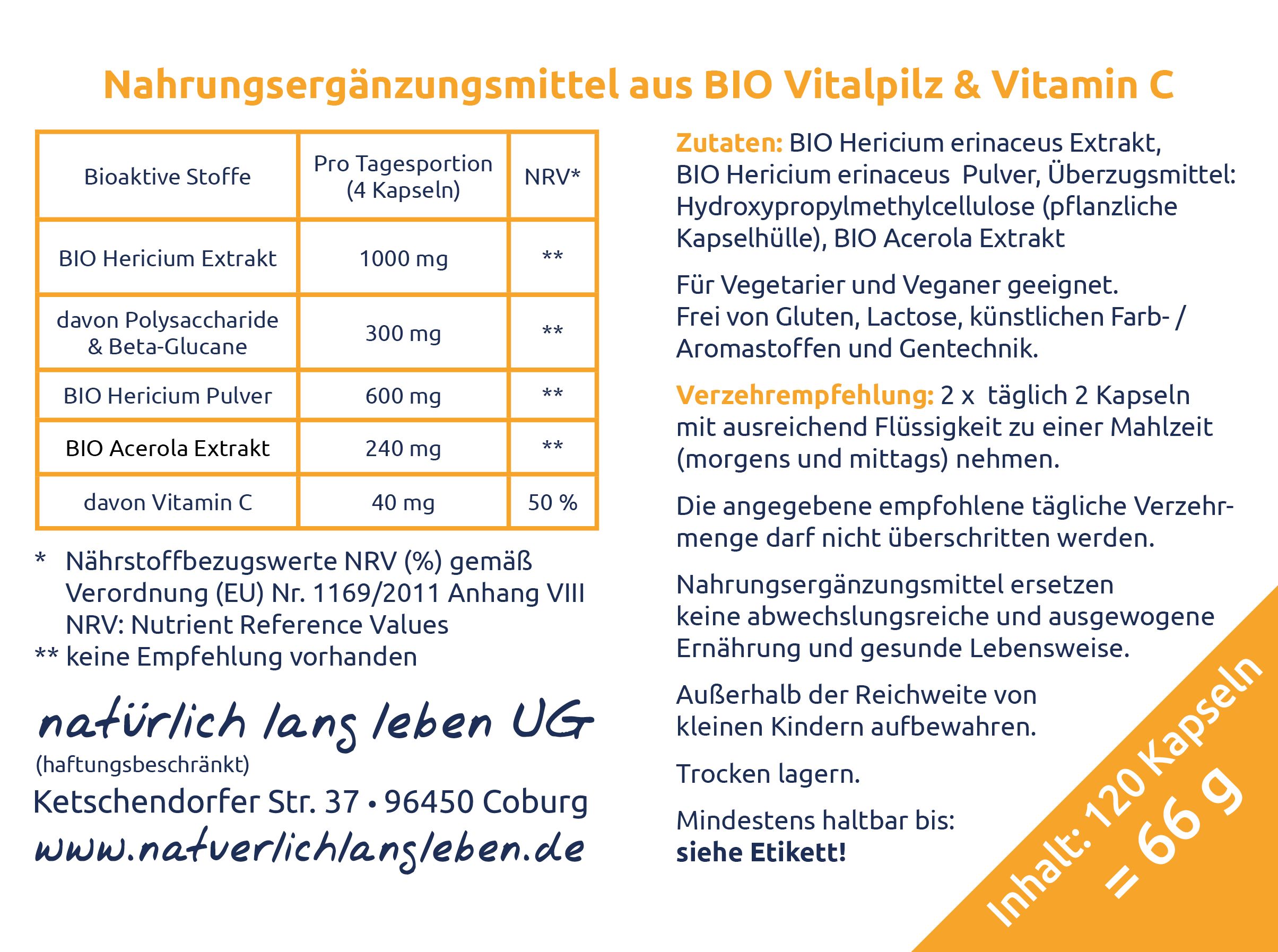 Etikett mit Informationen zu BIO Vitalpilz & Vitamin C. Enthält Nährwertangaben, Zutaten, Verzehrempfehlung und Herstellerinformationen.