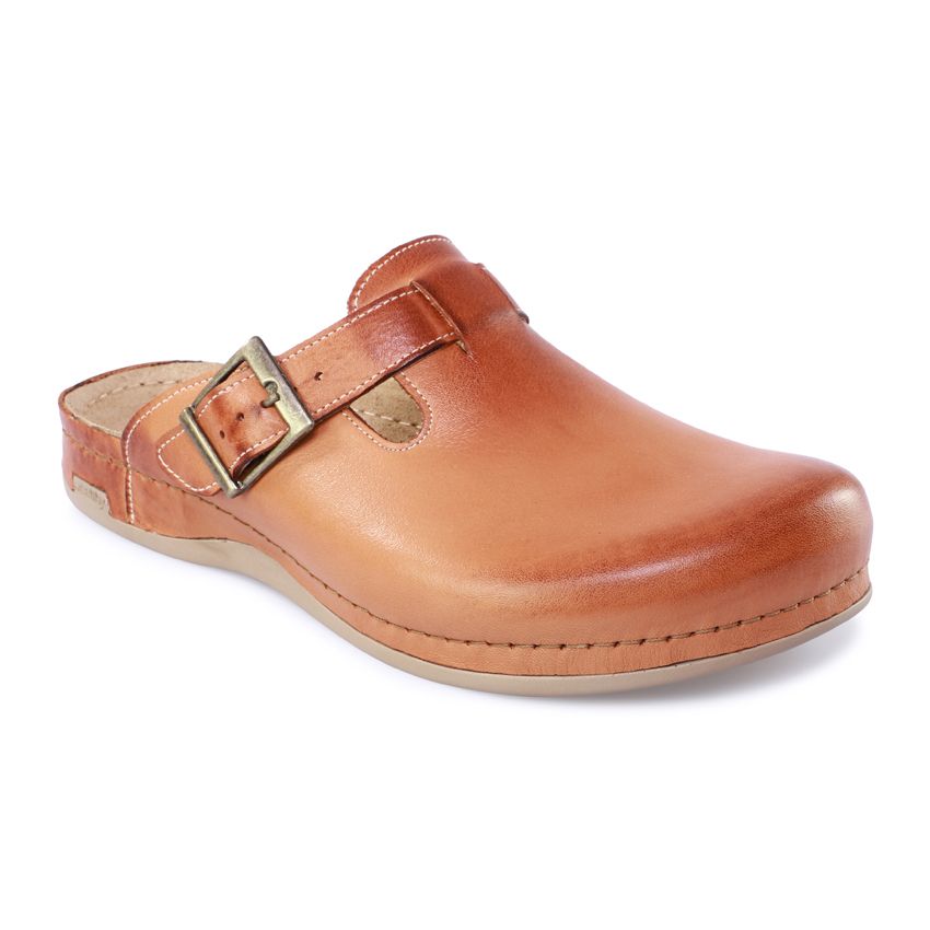 Braune Leder-Pantolette mit Schnalle. Marke LEON. Größe 46. Hellbraunes Leder, sichtbare Nähte, offene Ferse.