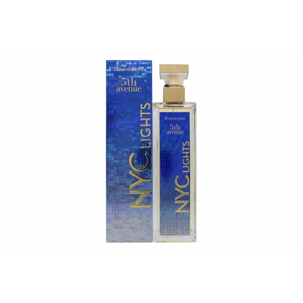 Parfümflasche und Verpackung. Rechteckige Flasche mit goldfarbenem Verschluss. Blaue Verpackung mit Schriftzug.