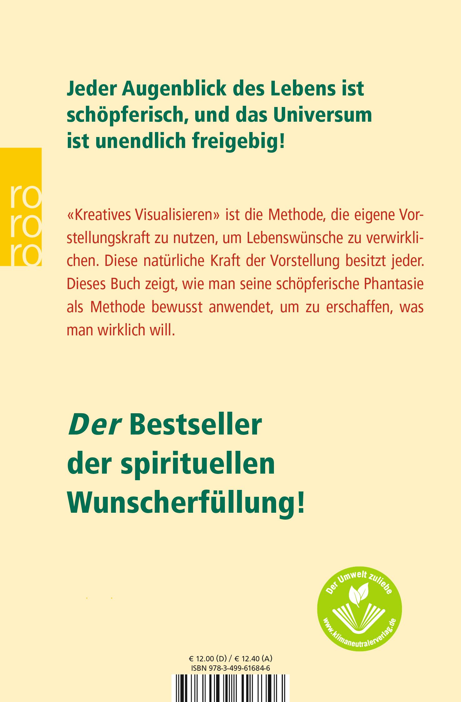 Rückseite des Buches „Stell dir vor“. Text über Visualisierung. Titel: „Der Bestseller der spirituellen Wunscherfüllung!“. Umweltzeichen.