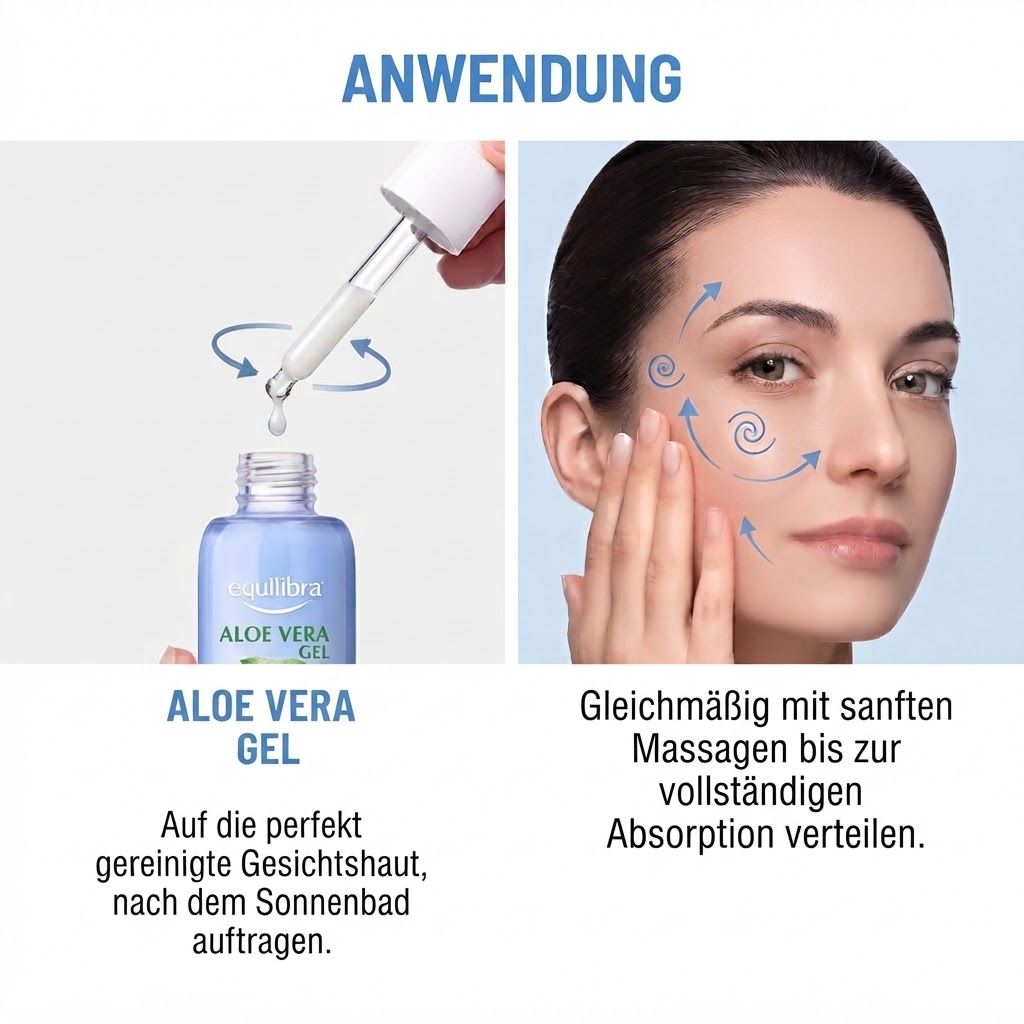 Anwendung von Equilibra Aloe Vera Gel mit Pipette auf gereinigte Gesichtshaut.