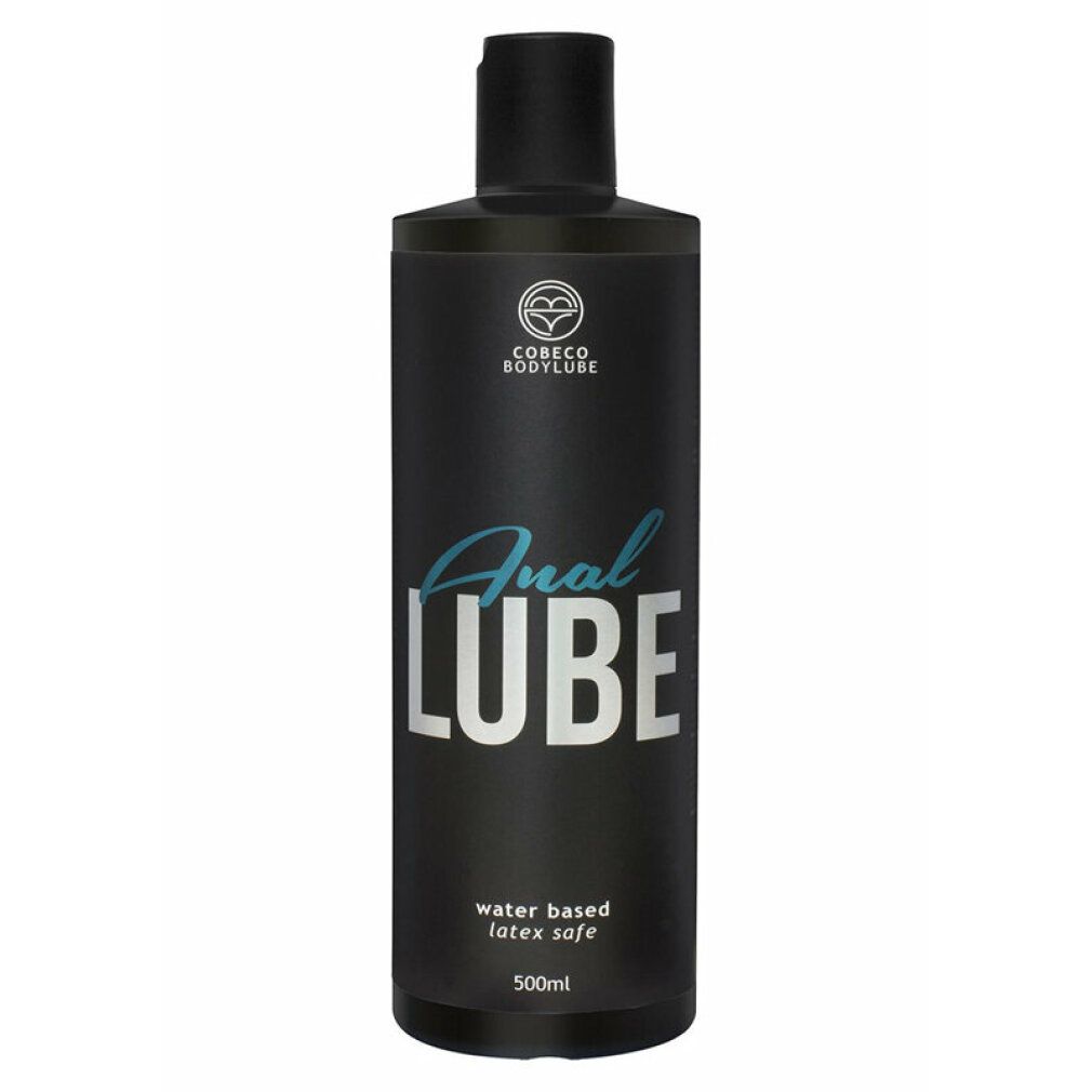 Schwarze Flasche mit "Anal Lube"-Aufdruck. Text: "water based latex safe". Marke: Cobeco Bodylube. 500ml.