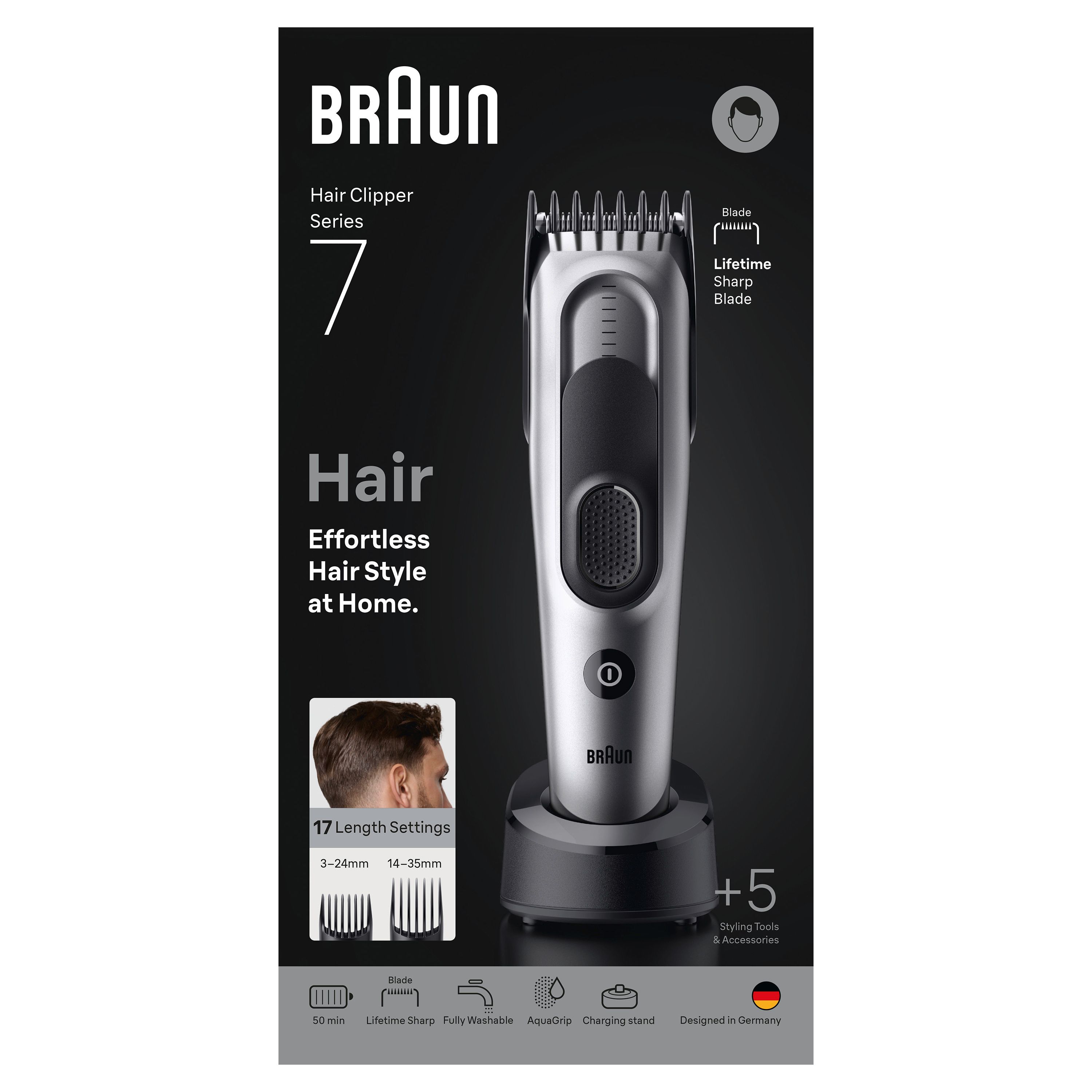Haarschneider in Verpackung. Marke: Braun, Serie 7. Enthält 5 zusätzliche Zubehörteile. 17 Längeneinstellungen.