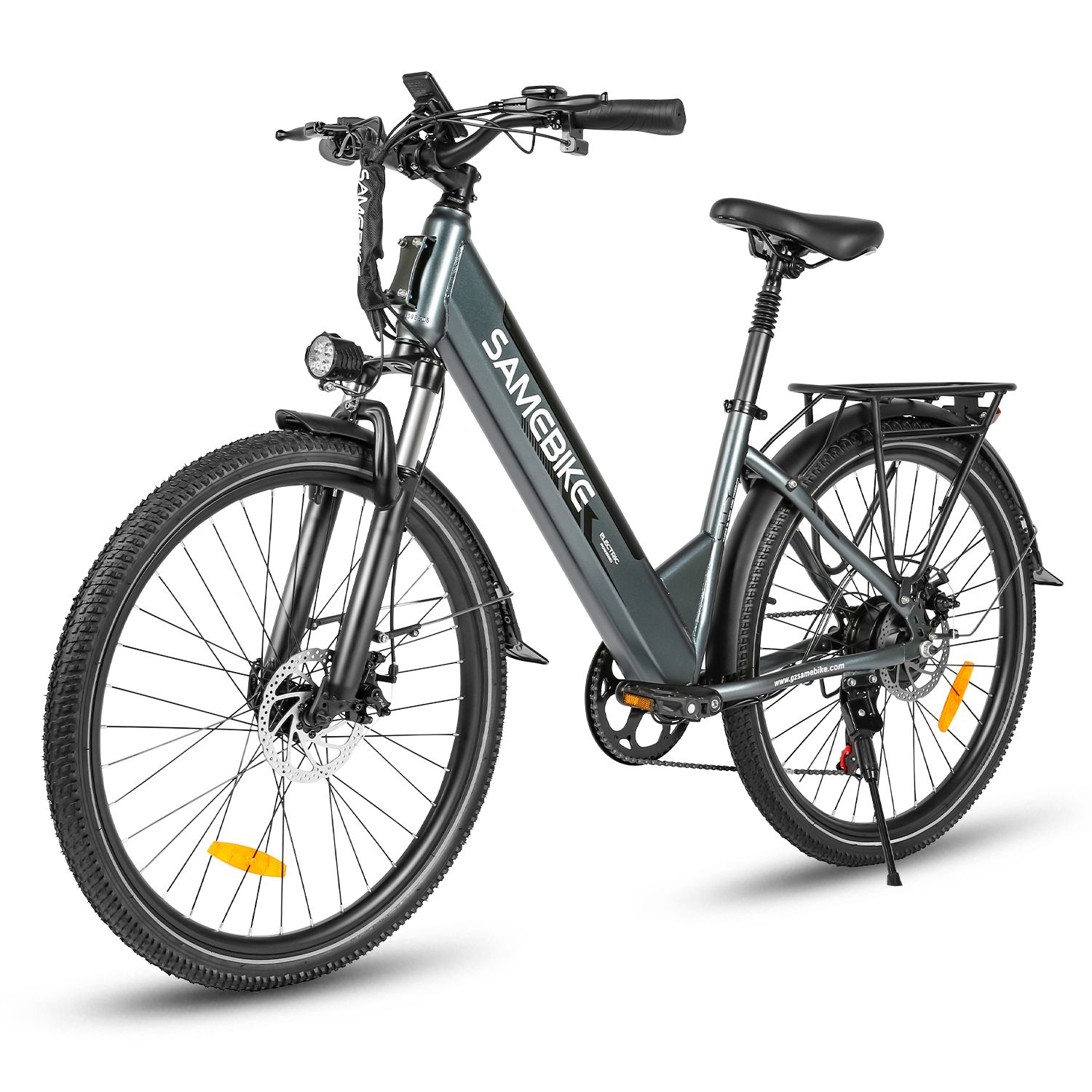 SAMEBIKE RS-A01 Pro-T Elektrofahrrad, grau. Schwarze Reifen, Sattel, Lenker. Frontscheinwerfer. Gepäckträger. Ansicht von vorne.