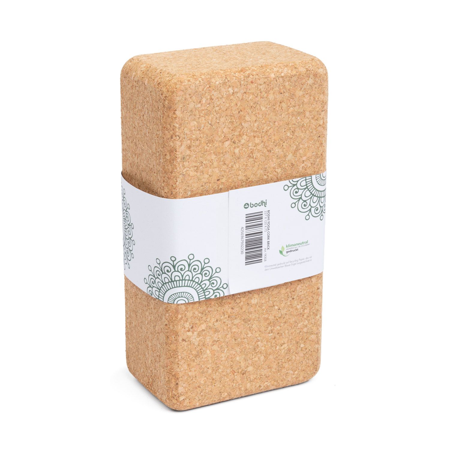 Kork-Yogablock mit weißem Band. Aufschrift: Yoga Brick Cork - XLB -. Barcode und Logo. Braunes Produkt mit abgerundeten Kanten.