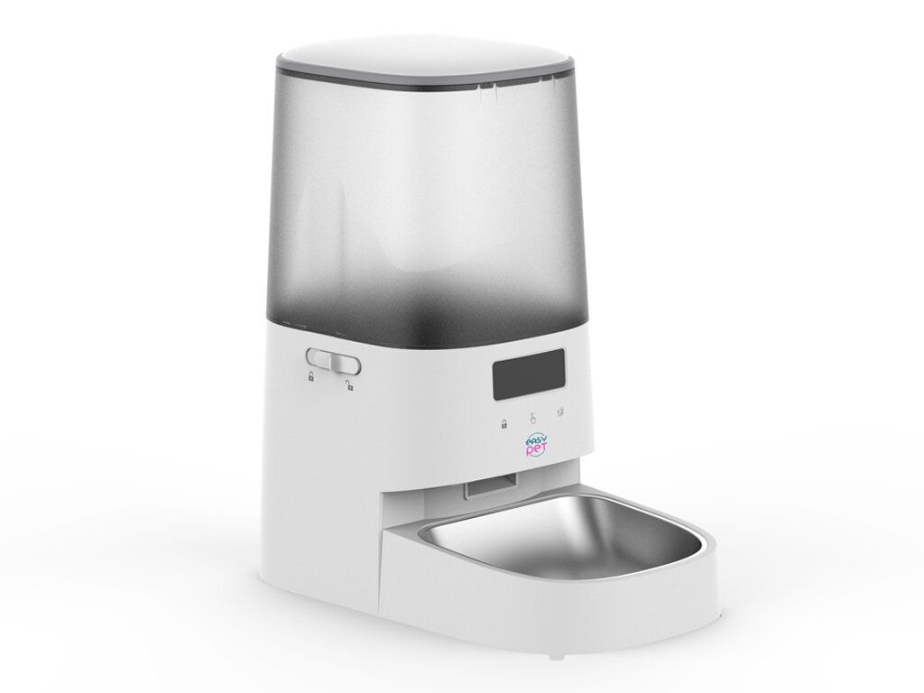 Distributore automatico di cibo bianco con contenitore trasparente. Ciotola in acciaio inox. Display digitale. Logo.