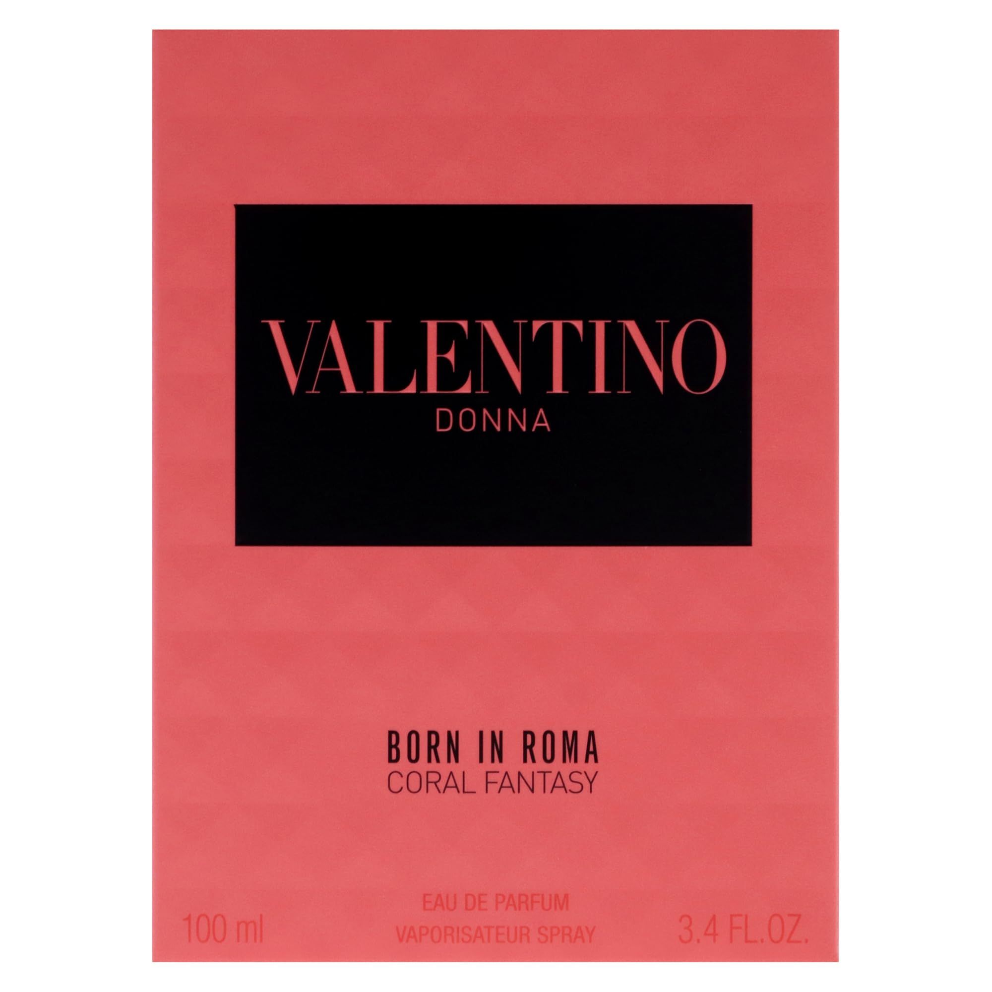 Rosa Schachtel mit schwarzem Rechteck und VALENTINO DONNA. Born in Roma Coral Fantasy.