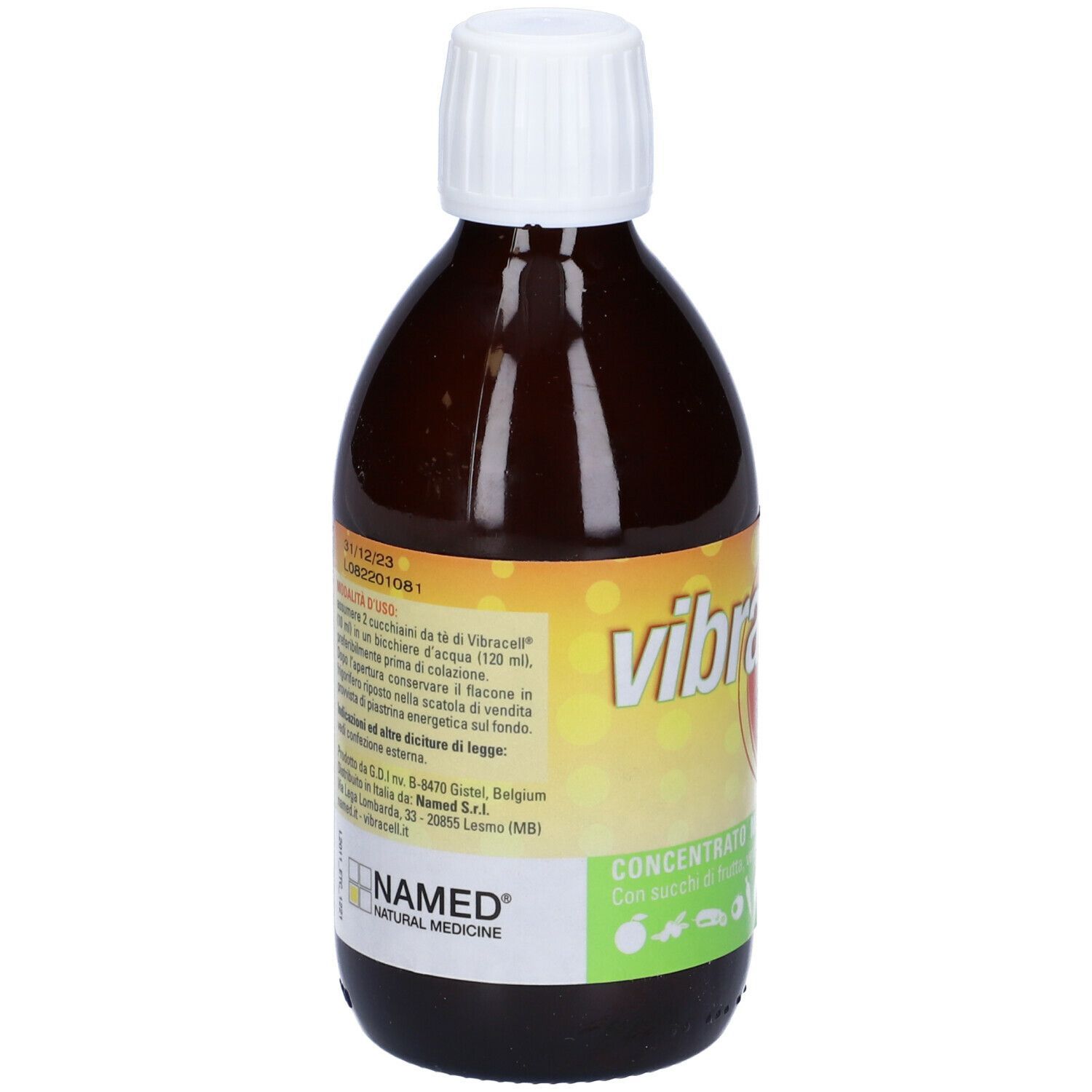 Flacone marrone Vibracell. Etichetta con informazioni prodotto e 'NAMED Natural Medicine'. Tappo bianco.