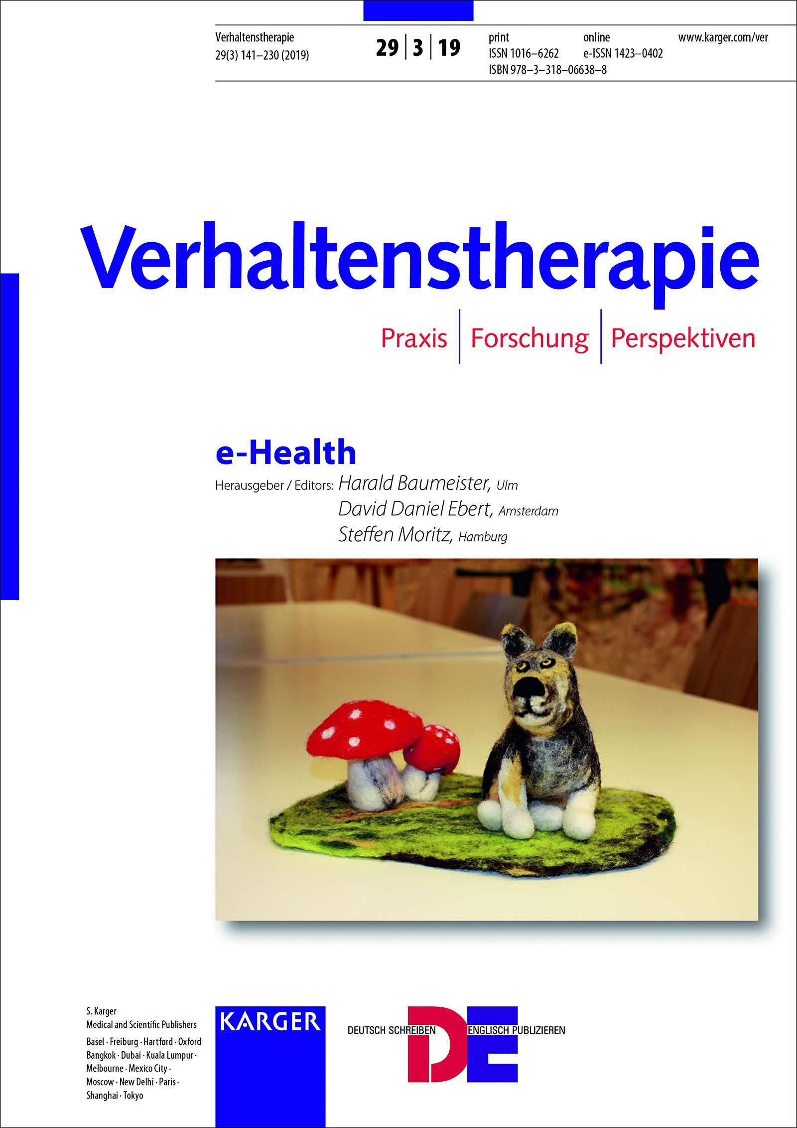 Titelblatt der Zeitschrift Verhaltenstherapie. Der Titel "e-Health" ist sichtbar. Auf dem Cover sind Pilze und eine Hundefigur abgebildet.