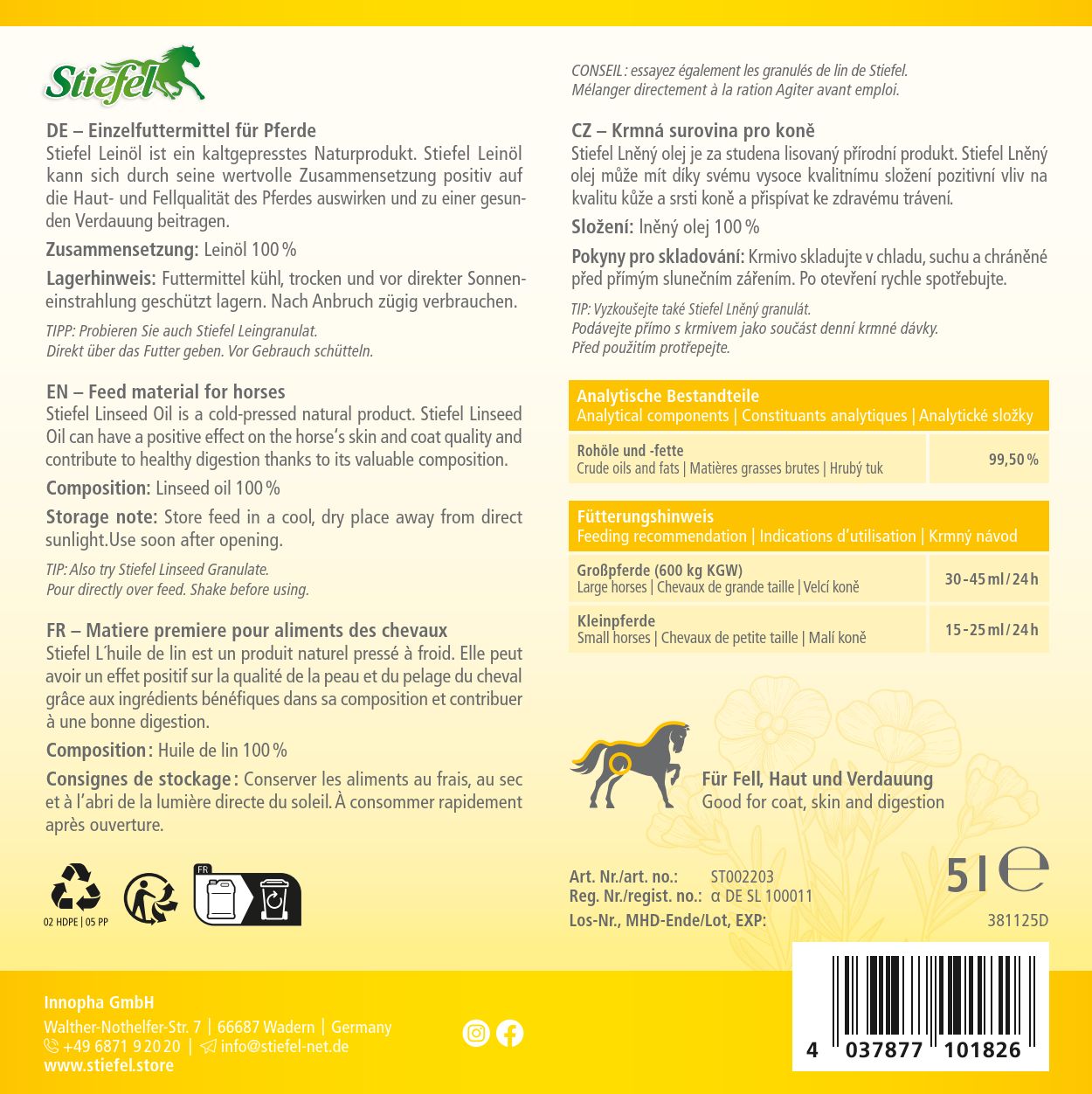 Rückseite einer Produktverpackung. Text in Deutsch, Französisch, Tschechisch und Englisch. Enthält Informationen zu Inhaltsstoffen und Anwendung.