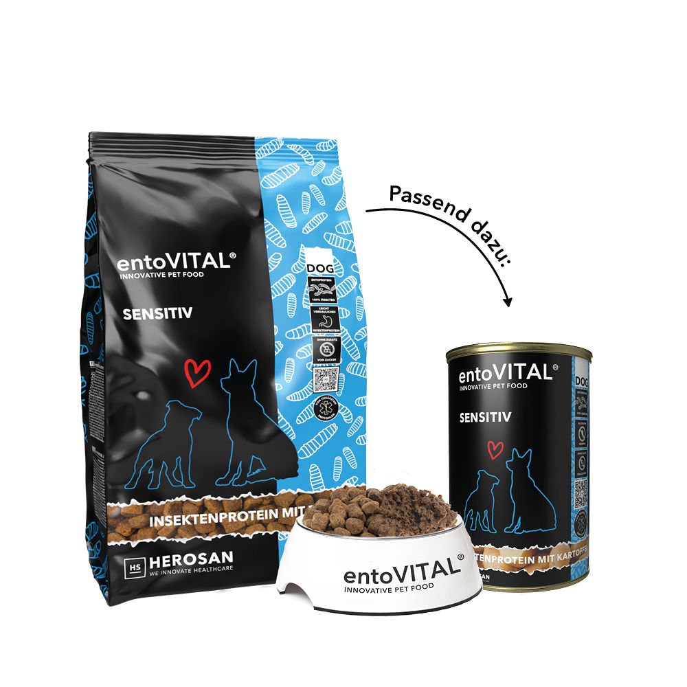 entoVITAL SENSITIV-Tüte, Napf und Dose. Text: Insektenprotein mit Reis. Logo: Herosan.